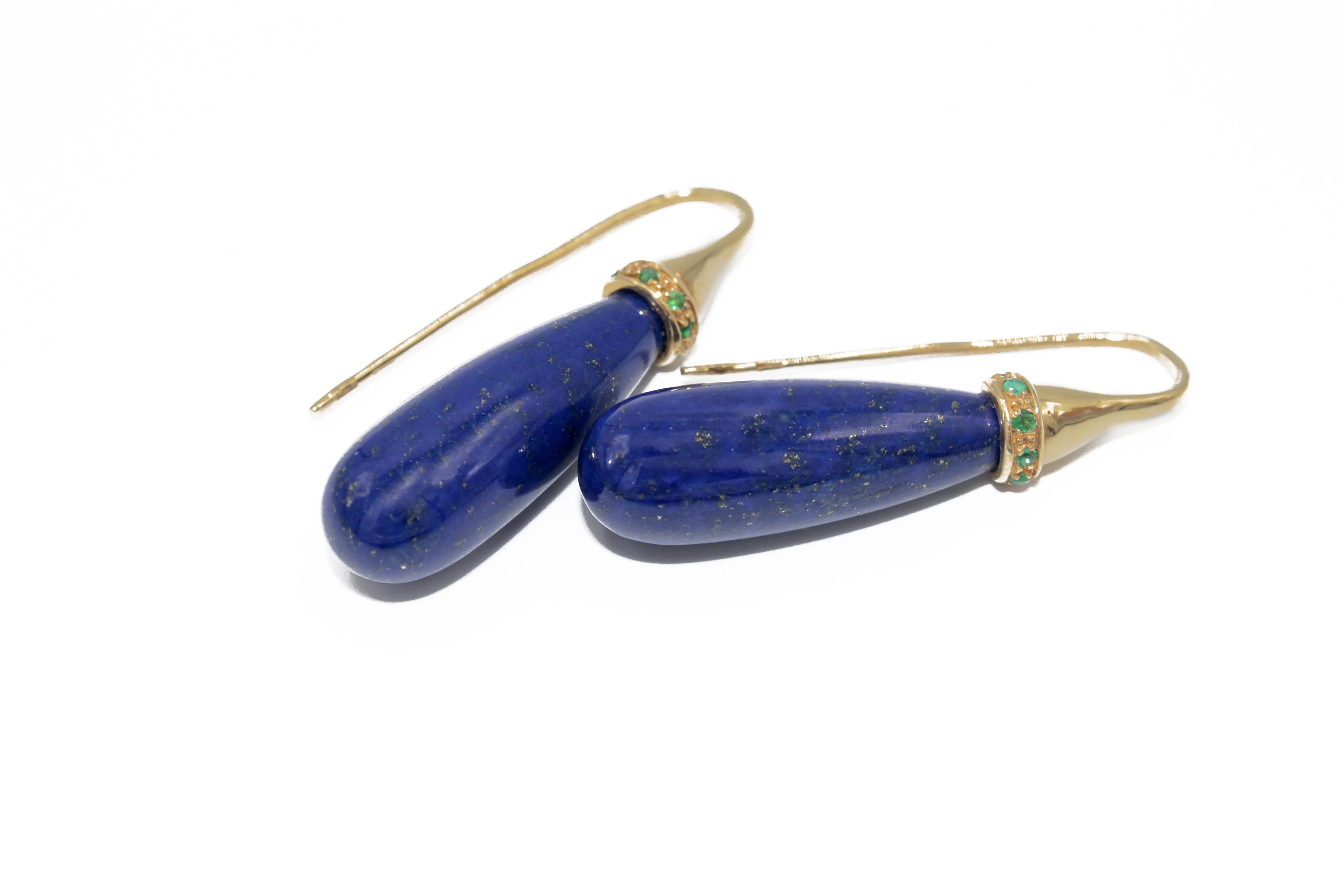 Artisan Lapislazuli and Emeralds 18 Karat Yellow Gold Earrings For Sale