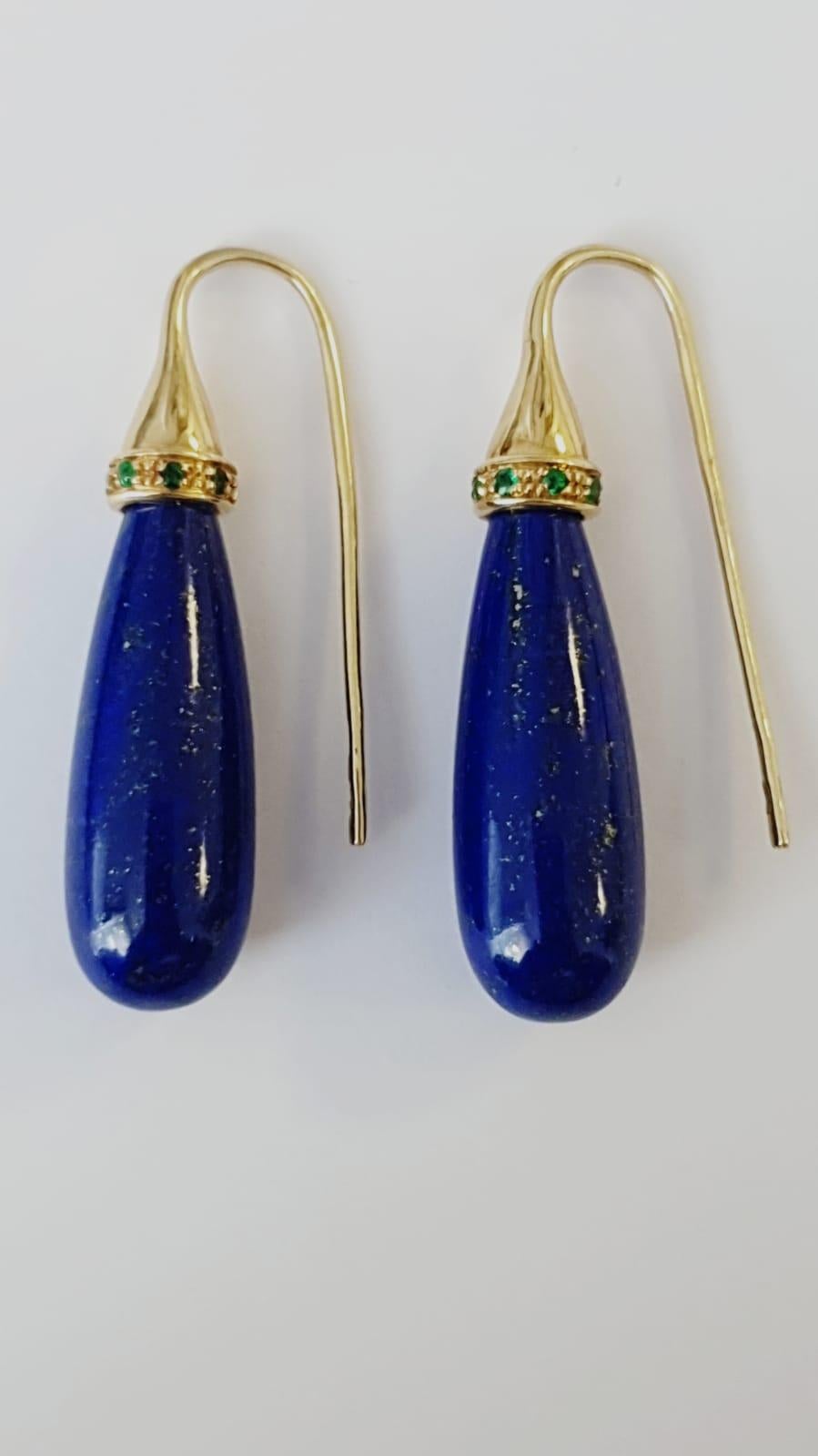 Women's Lapislazuli and Emeralds 18 Karat Yellow Gold Earrings For Sale