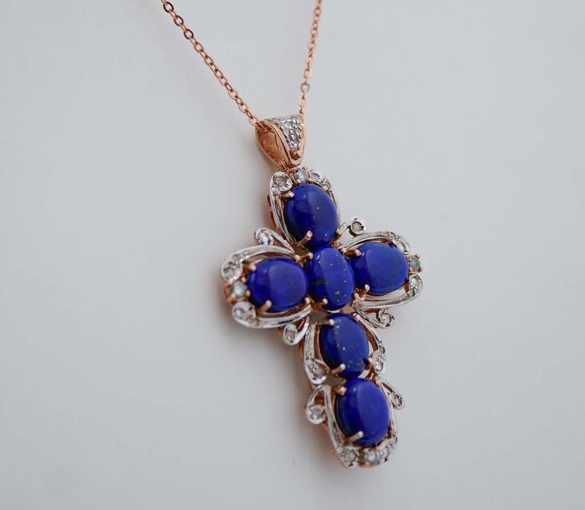 Retro Lapislazuli, Diamonds, Rose Gold and Silver Cross Pendant Necklace.