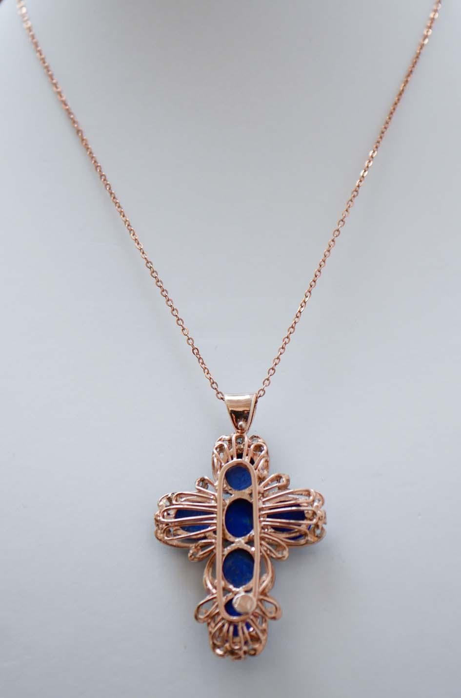 Mixed Cut Lapislazuli, Diamonds, Rose Gold and Silver Cross Pendant Necklace.