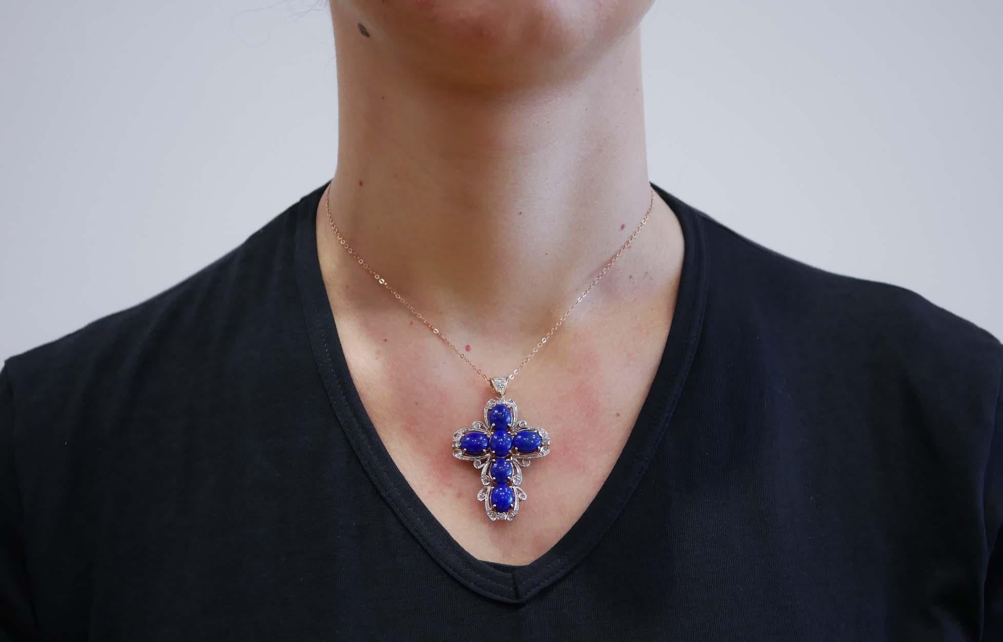 Lapislazuli, Diamonds, Rose Gold and Silver Cross Pendant Necklace. In Good Condition In Marcianise, Marcianise (CE)