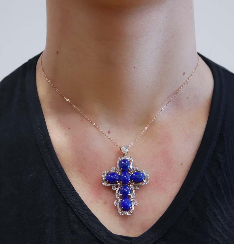 Women's Lapislazuli, Diamonds, Rose Gold and Silver Cross Pendant Necklace.