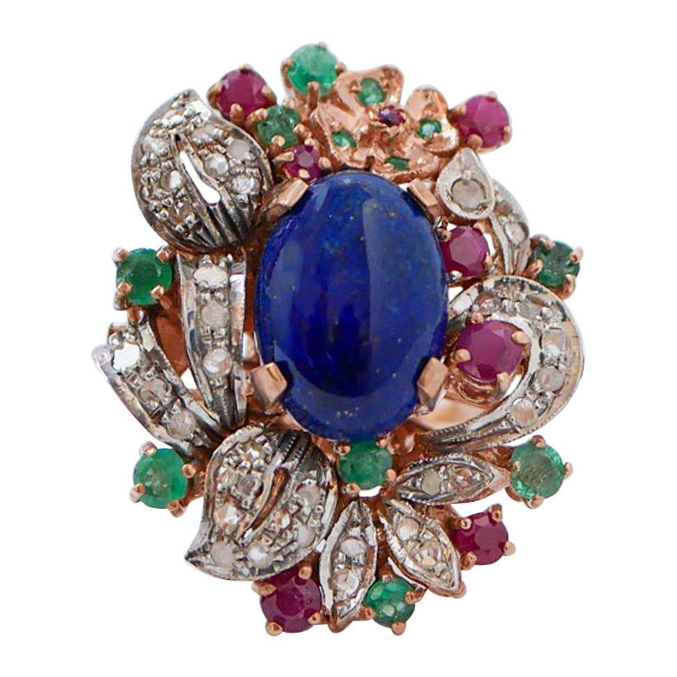 LapisLazuli, Emeralds, Rubies, Diamonds, 14 Karat Rose Gold and Silver Ring For Sale