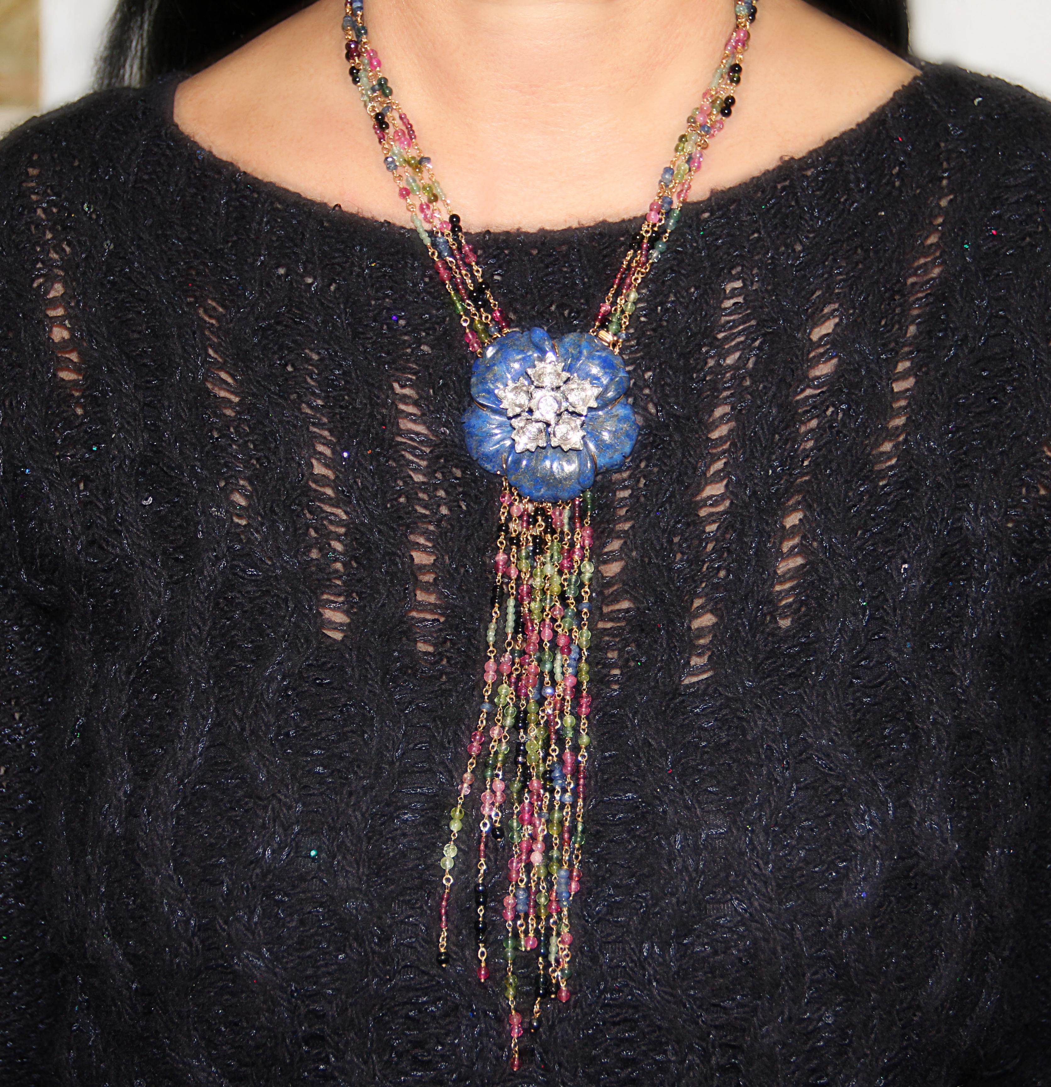 Lapislazuli Flower Tourmaline Diamonds White Gold 18 karat Drop Necklace For Sale 1