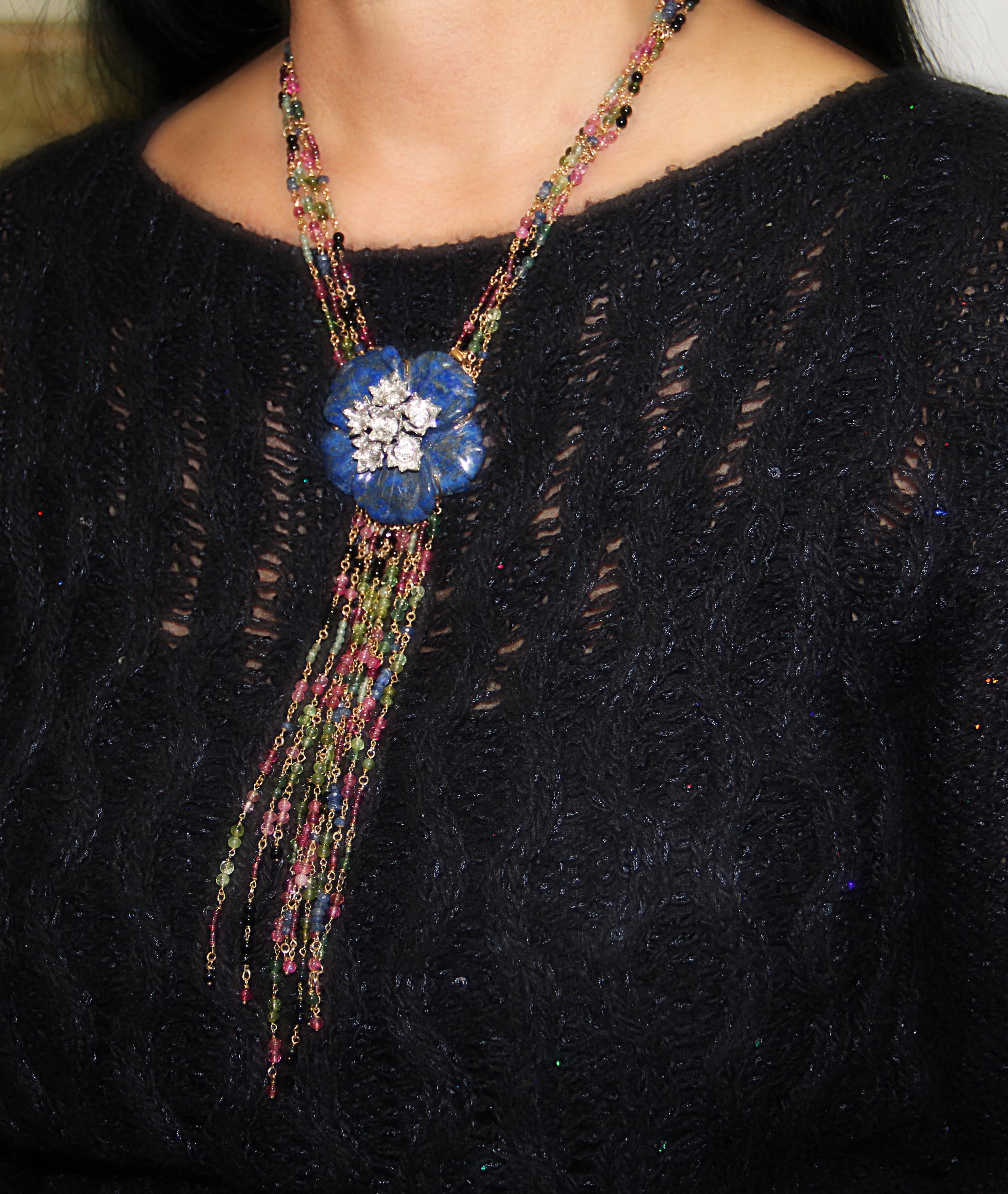 Lapislazuli Flower Tourmaline Diamonds White Gold 18 karat Drop Necklace For Sale 2