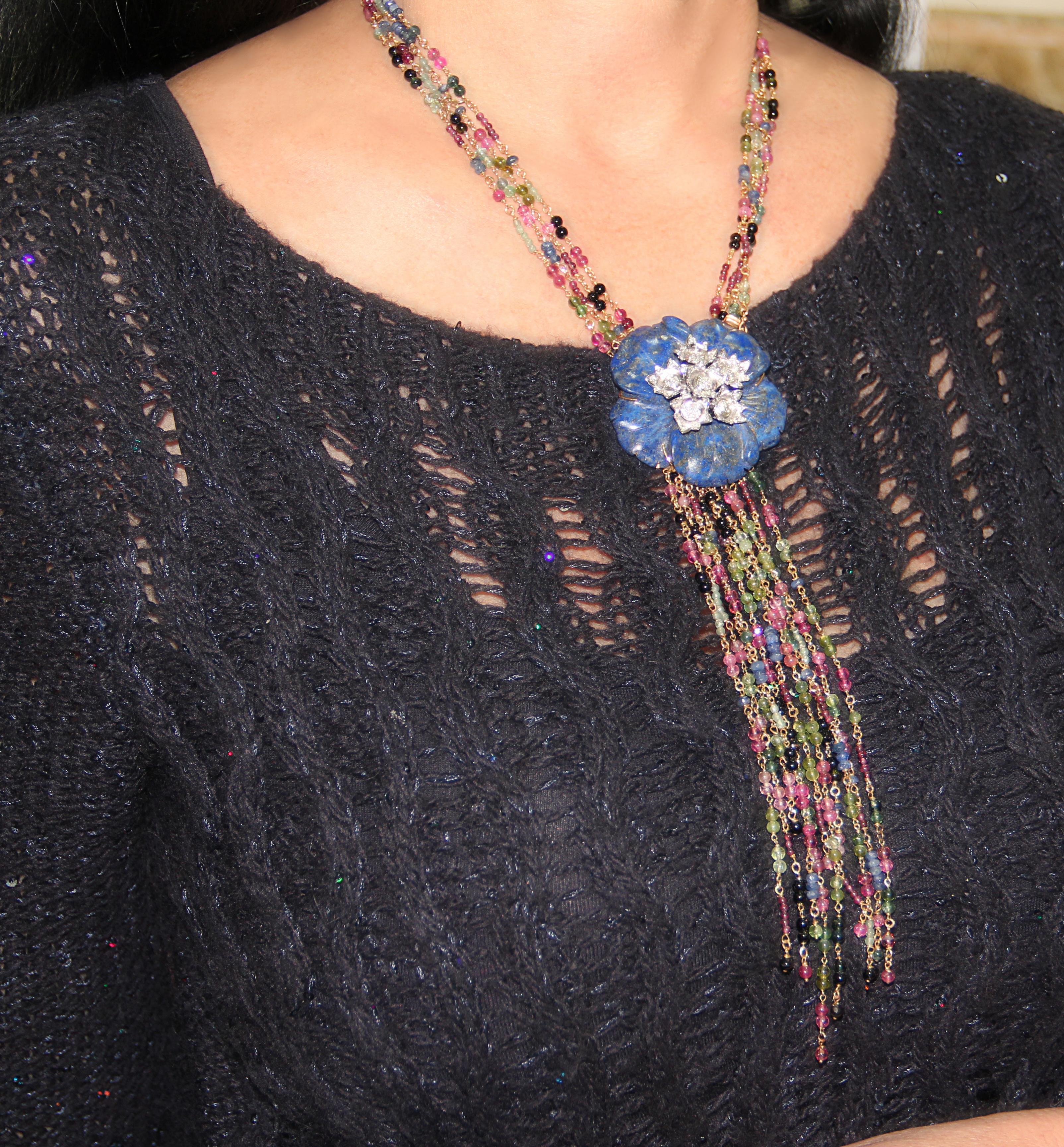 Lapislazuli Flower Tourmaline Diamonds White Gold 18 karat Drop Necklace For Sale 3