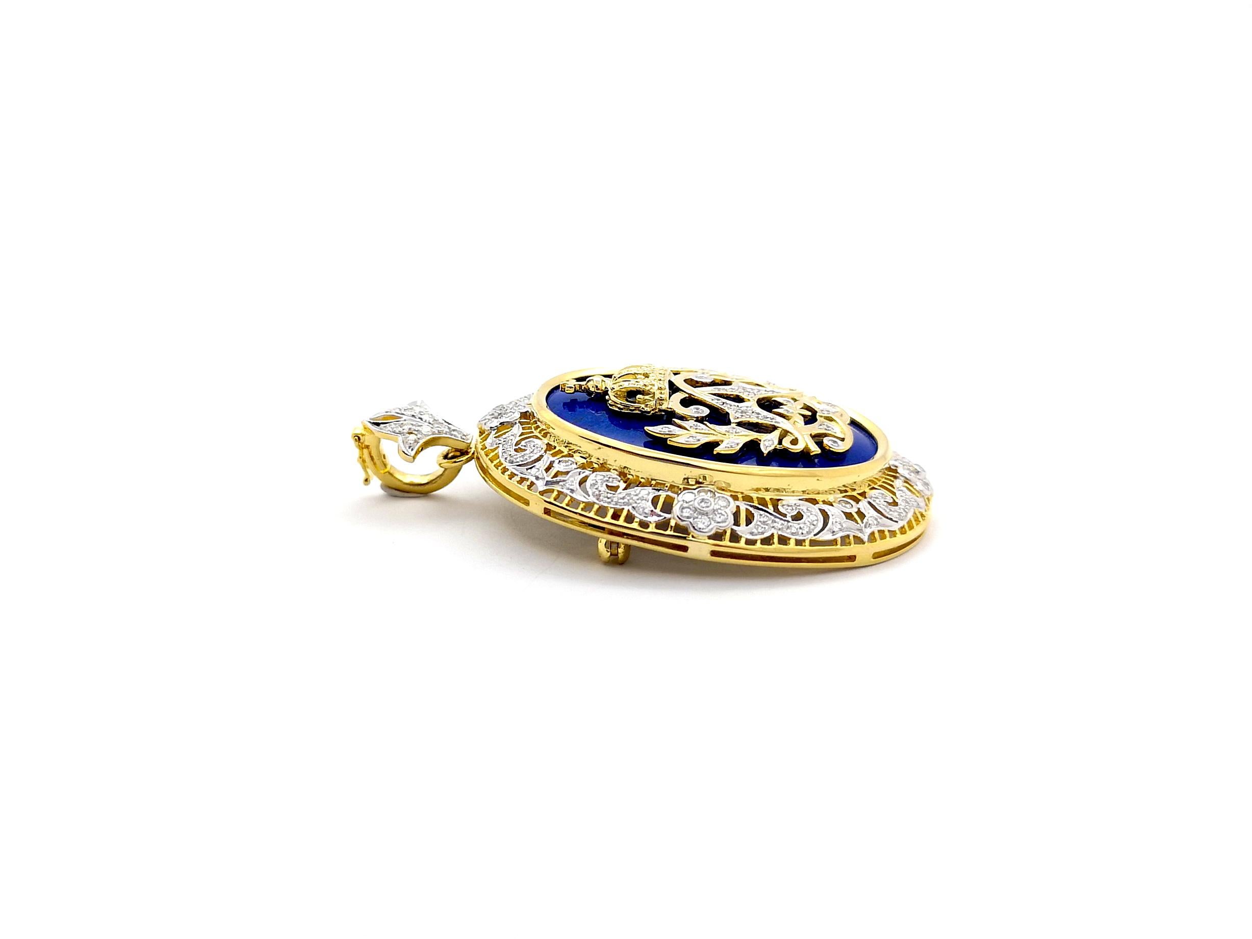 Lapiz Lazuli and Diamond Brooch/Pendant set in 18K Gold Settings For Sale 4