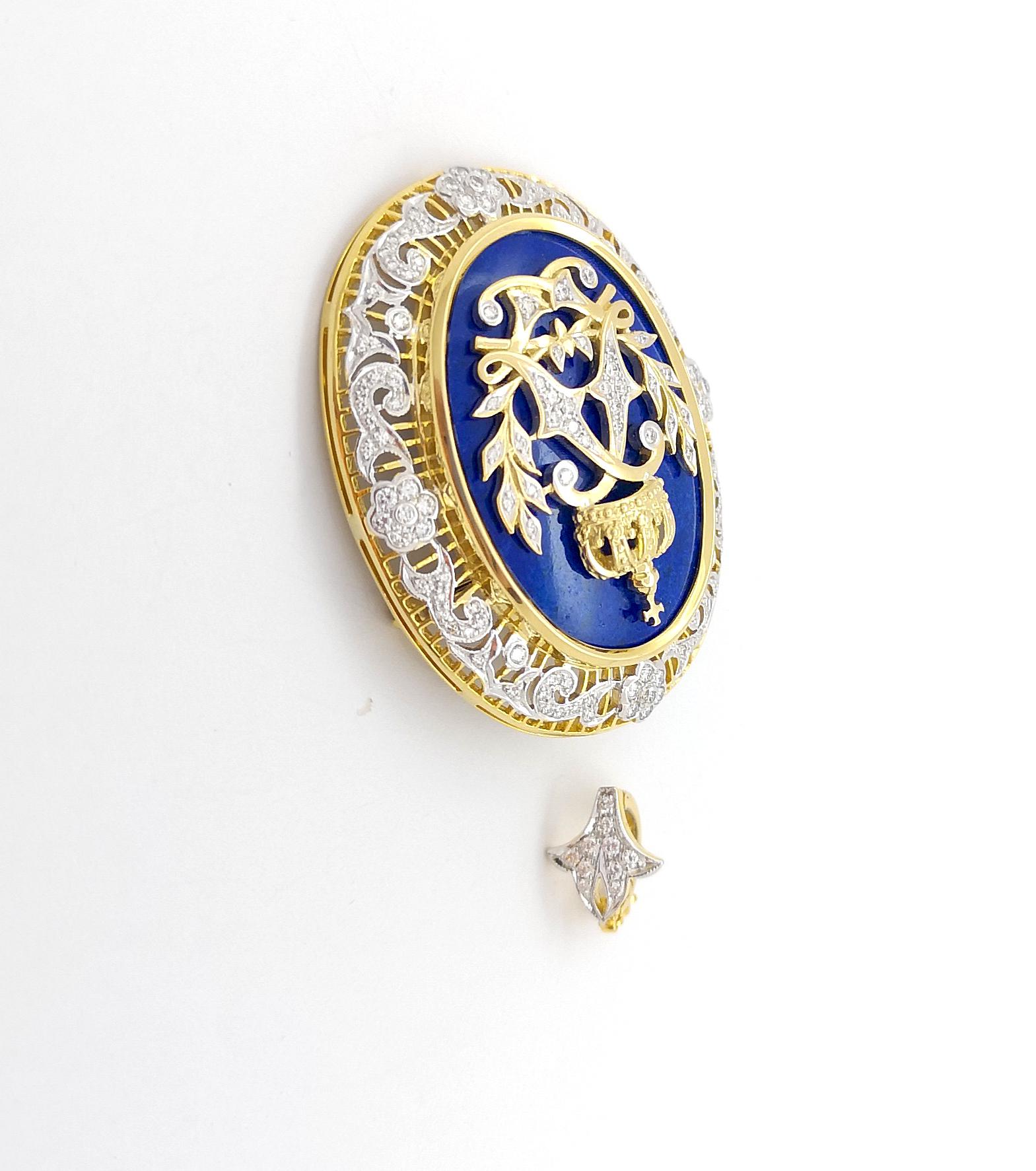 Lapiz-Lazuli und Diamant-Brosche/Anhänger in 18 Karat Goldfassungen gefasst im Angebot 5