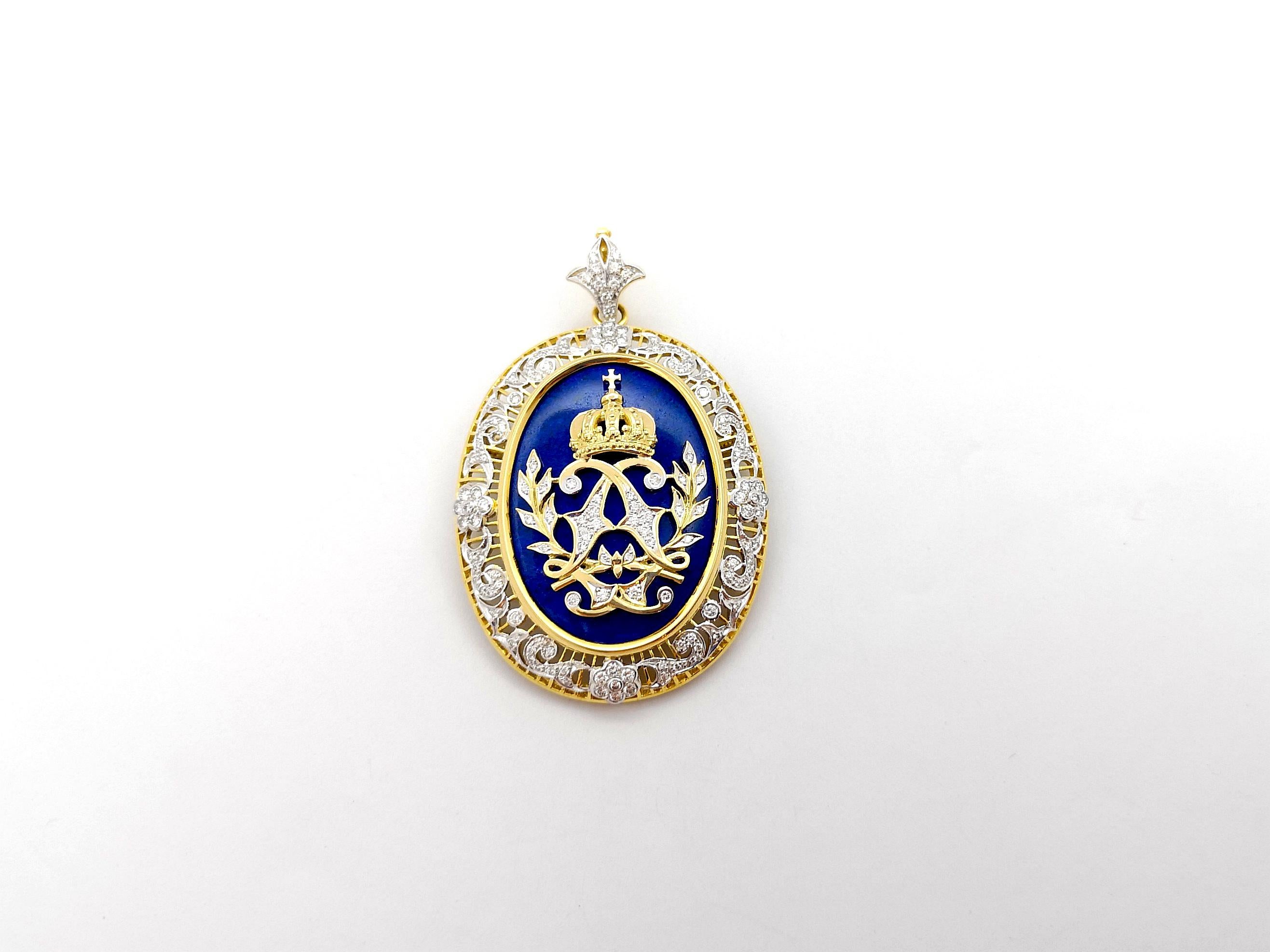 Art Deco Lapiz Lazuli and Diamond Brooch/Pendant set in 18K Gold Settings For Sale