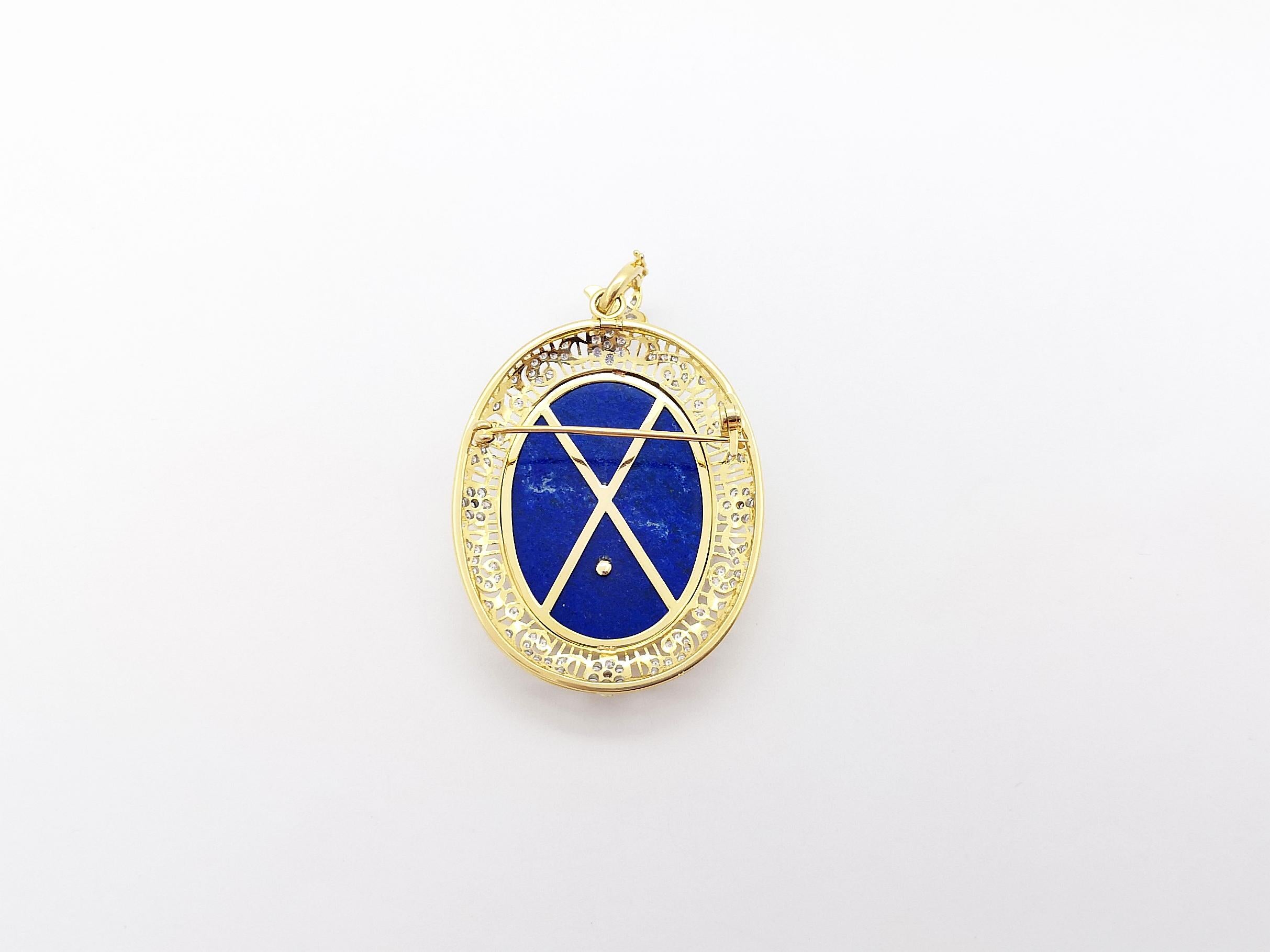 Women's or Men's Lapiz Lazuli and Diamond Brooch/Pendant set in 18K Gold Settings For Sale