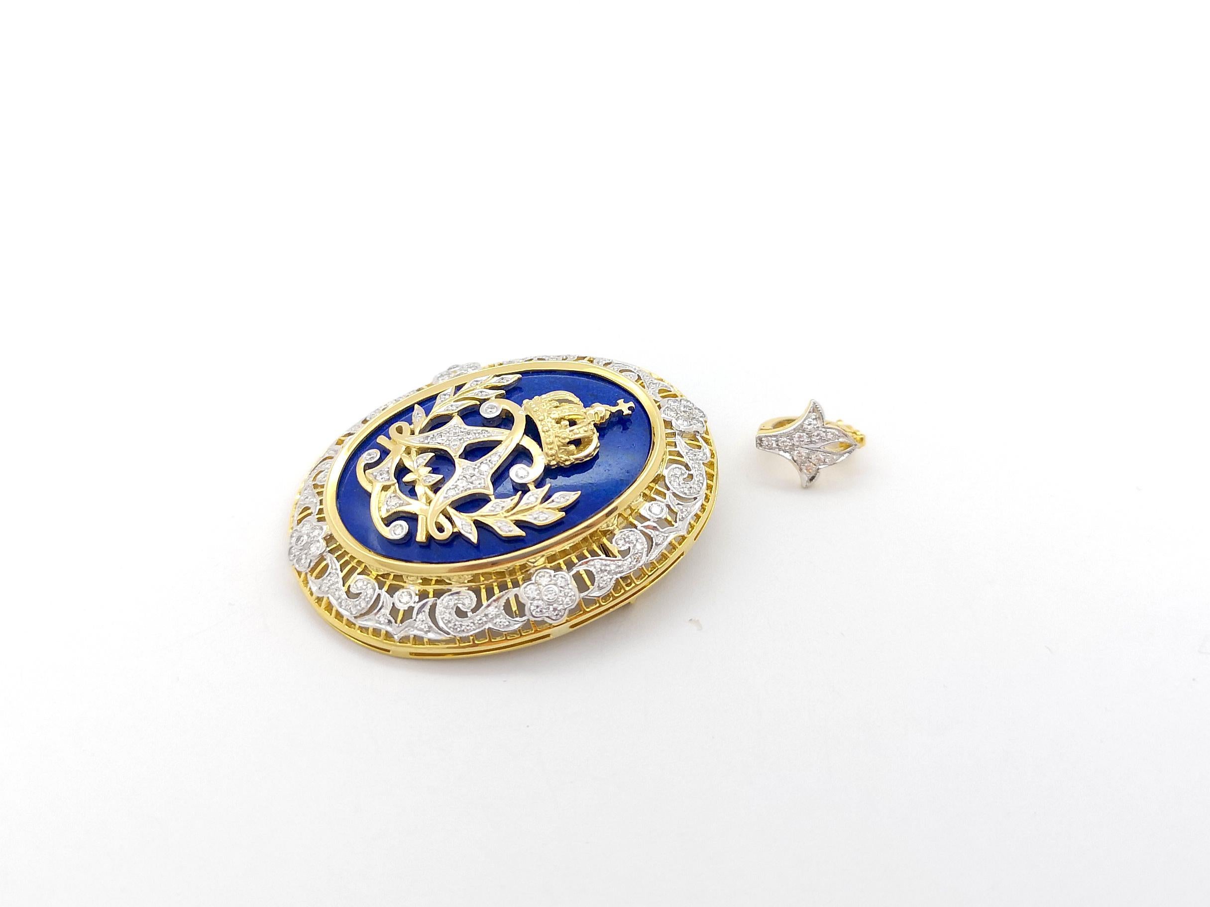 Lapiz Lazuli and Diamond Brooch/Pendant set in 18K Gold Settings For Sale 1