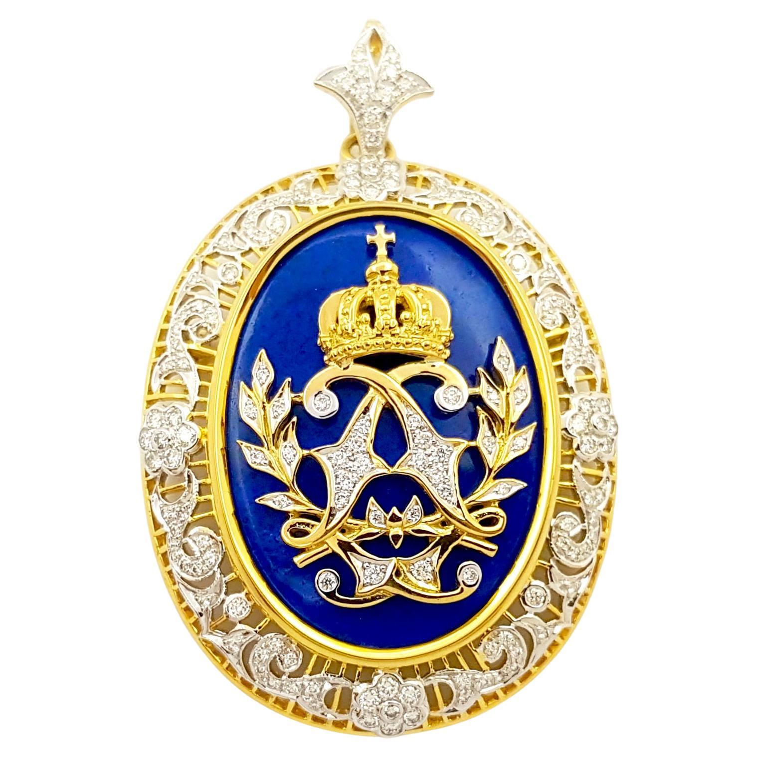 Lapiz-Lazuli und Diamant-Brosche/Anhänger in 18 Karat Goldfassungen gefasst im Angebot