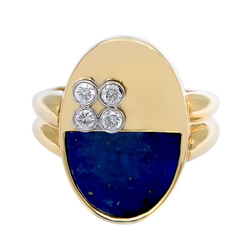 Round Cut Lapiz Lazuli and Diamond Ring, 18K For Sale