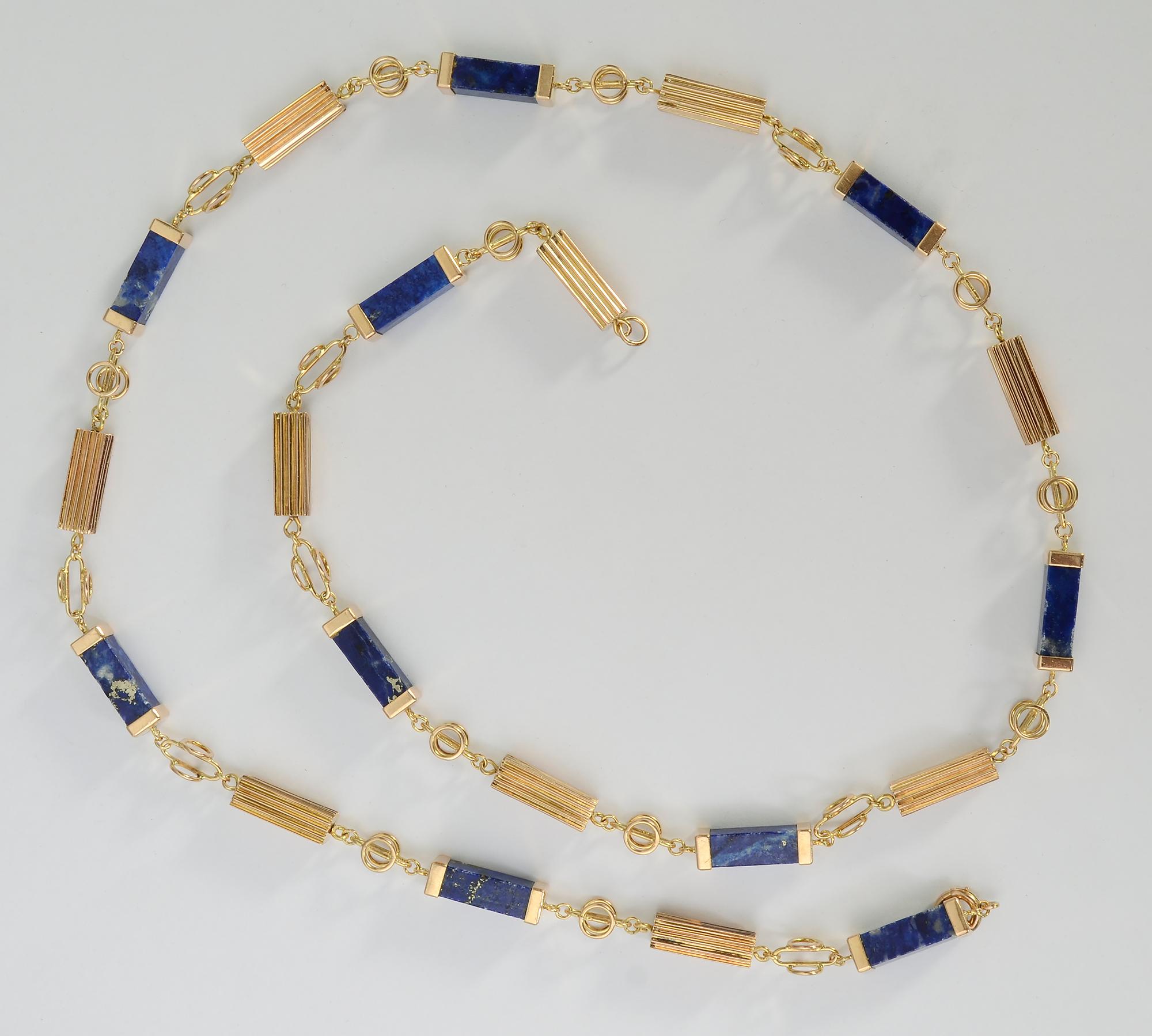 Retro Lapiz Lazuli and Gold Long Chain Necklace