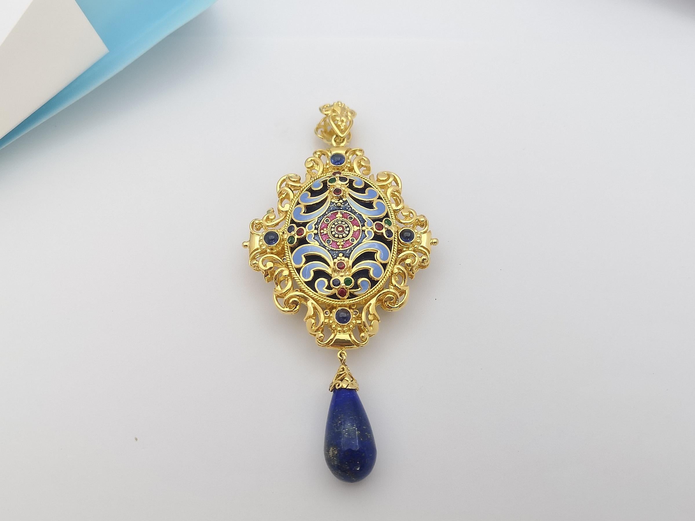 Lapiz-Lazuli, blauer Saphir, Rubin, Smaragd-Anhänger in 18 Karat Goldfassung im Angebot 4