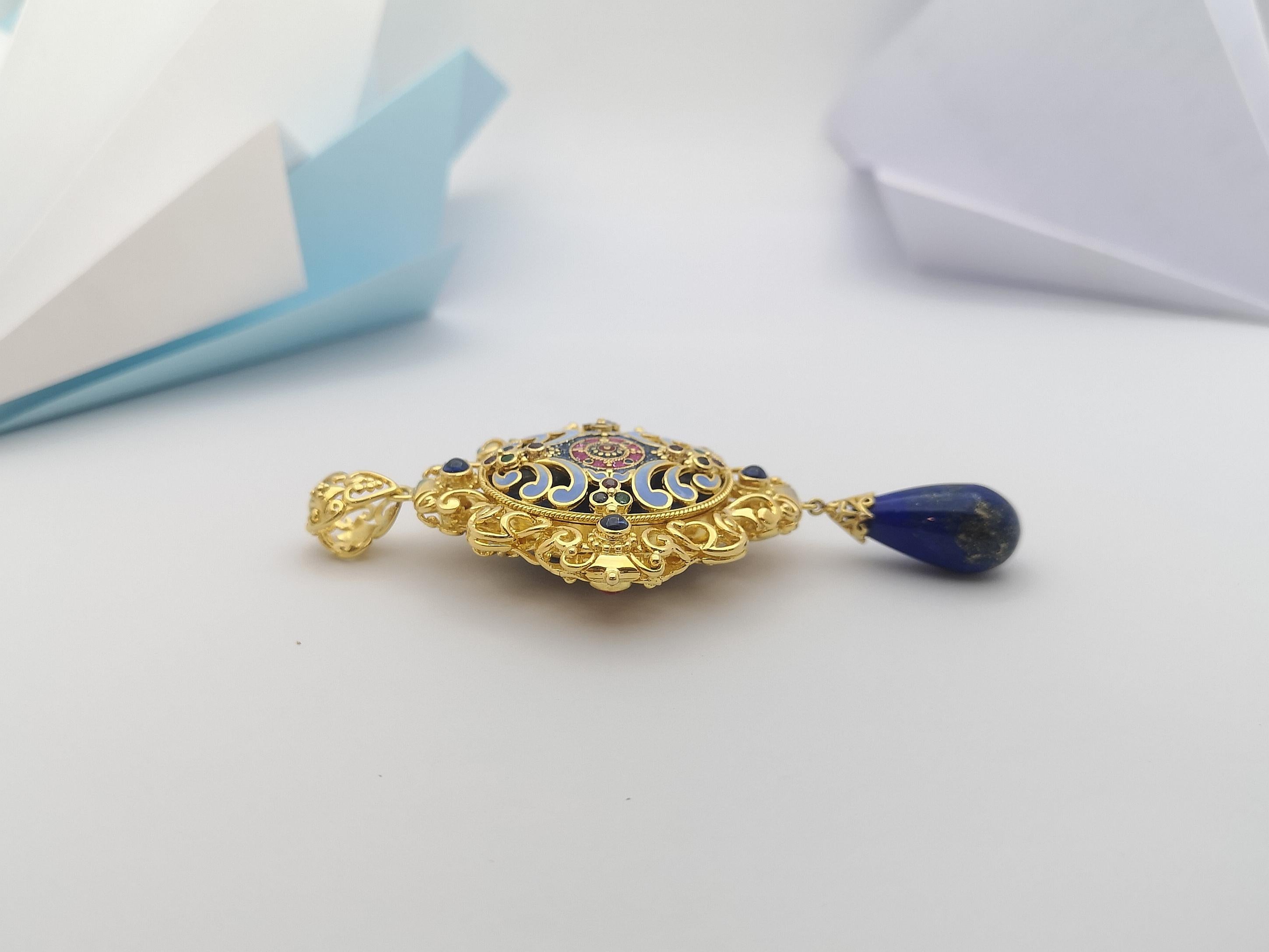 Lapiz-Lazuli, blauer Saphir, Rubin, Smaragd-Anhänger in 18 Karat Goldfassung im Angebot 5