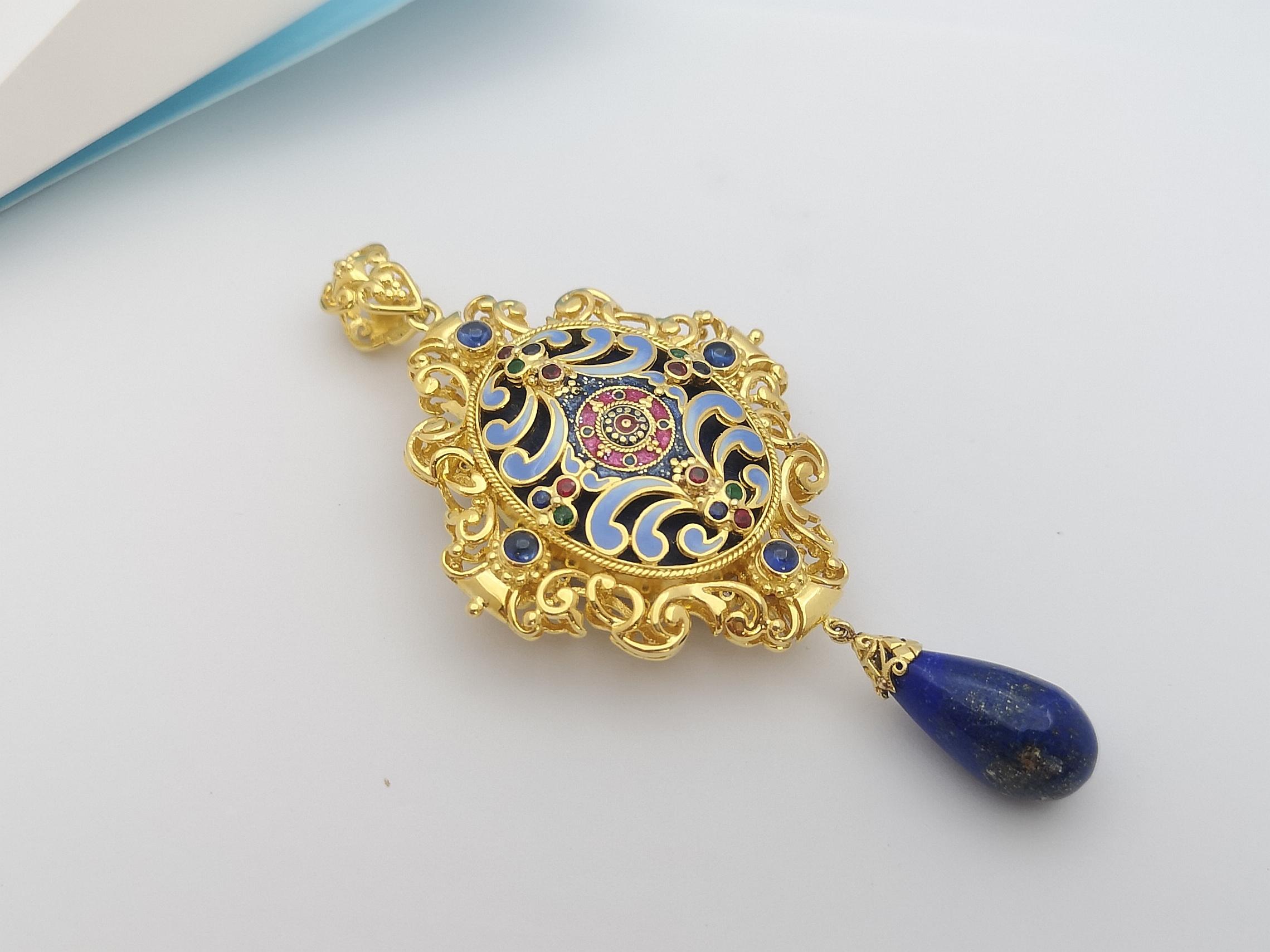 Lapiz-Lazuli, blauer Saphir, Rubin, Smaragd-Anhänger in 18 Karat Goldfassung im Angebot 7