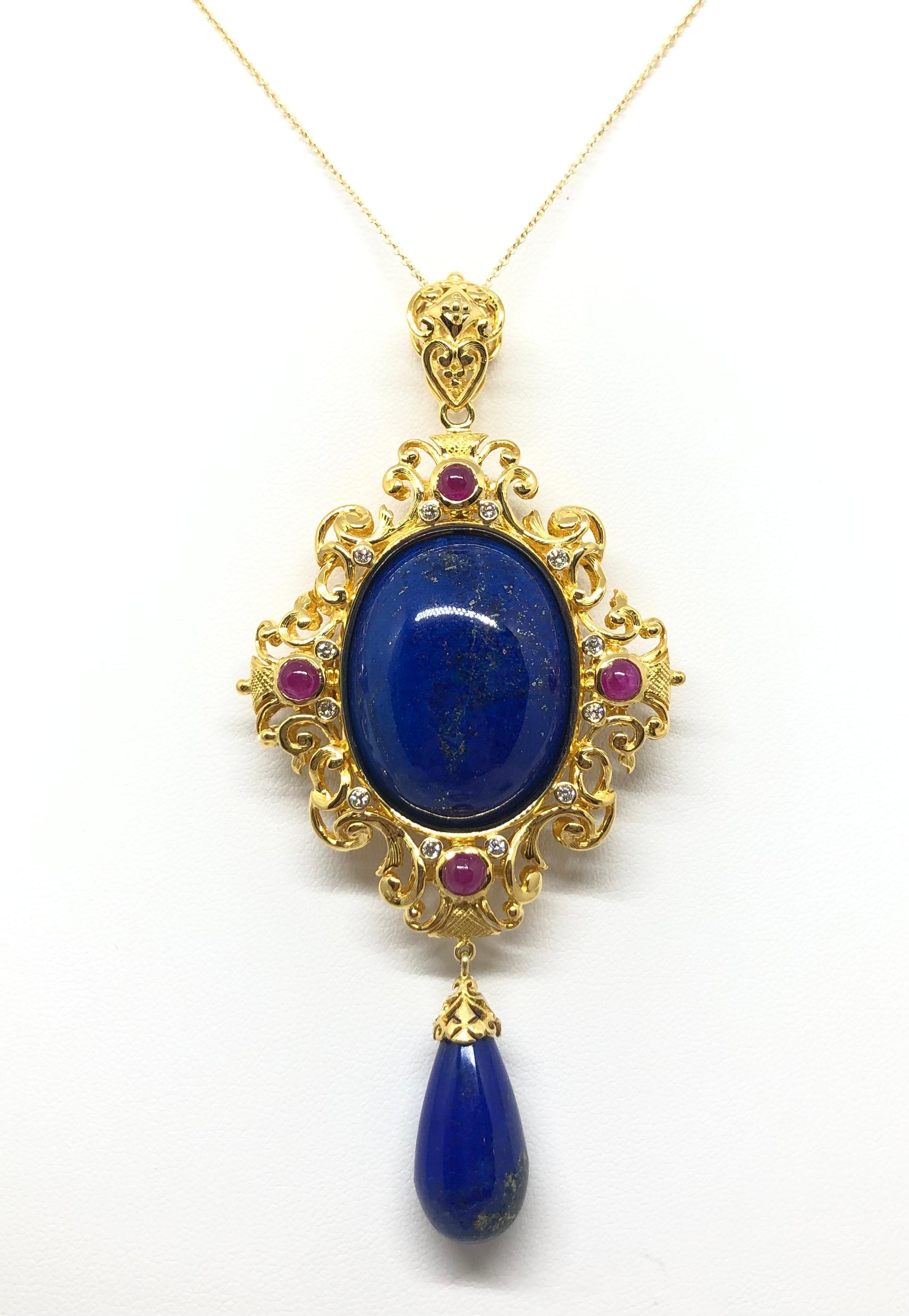 Art Nouveau Lapiz Lazuli, Blue Sapphire, Ruby, Emerald Pendant Set in 18 Karat Gold Settings For Sale