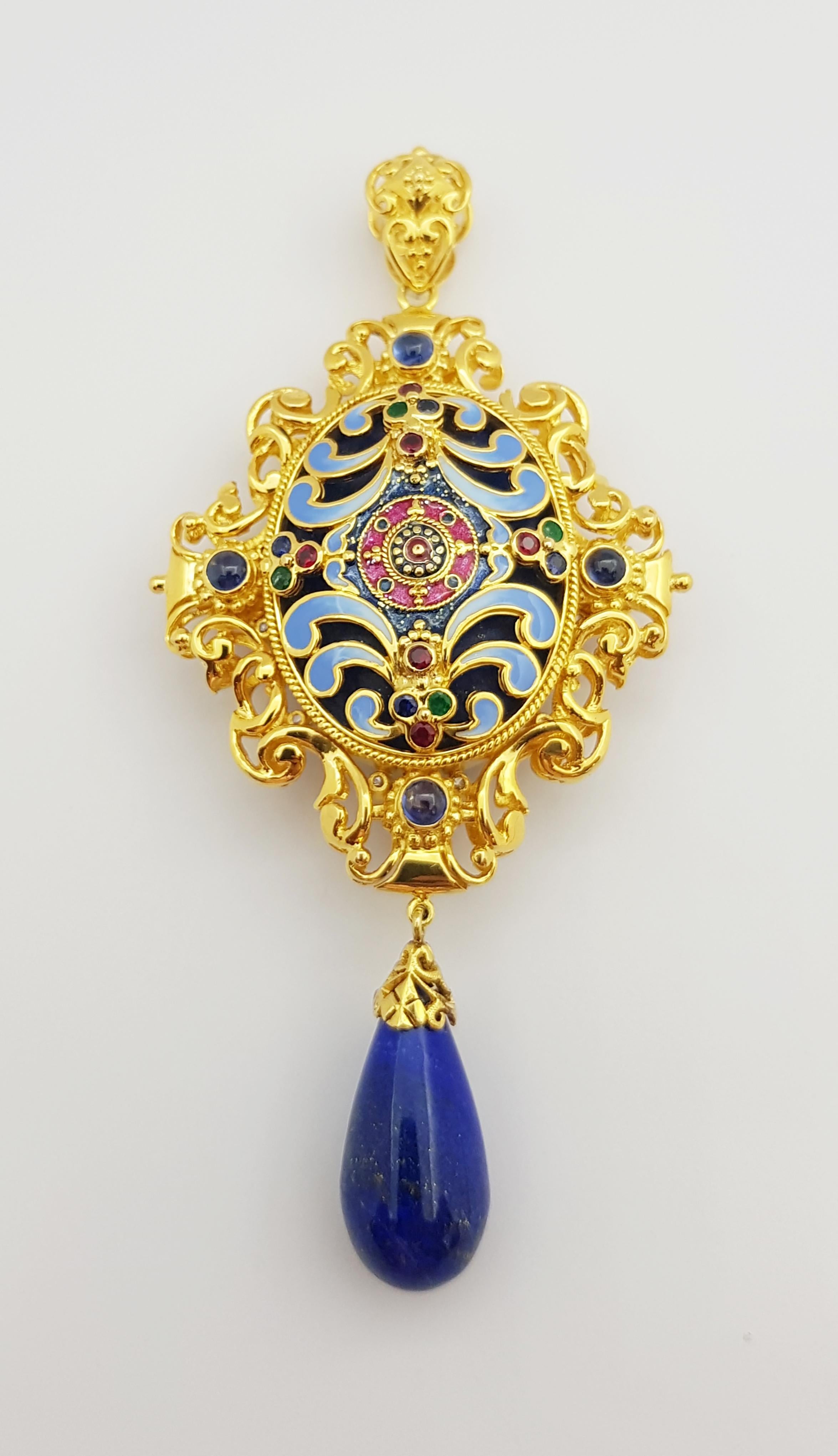 Mixed Cut Lapiz Lazuli, Blue Sapphire, Ruby, Emerald Pendant Set in 18 Karat Gold Settings For Sale