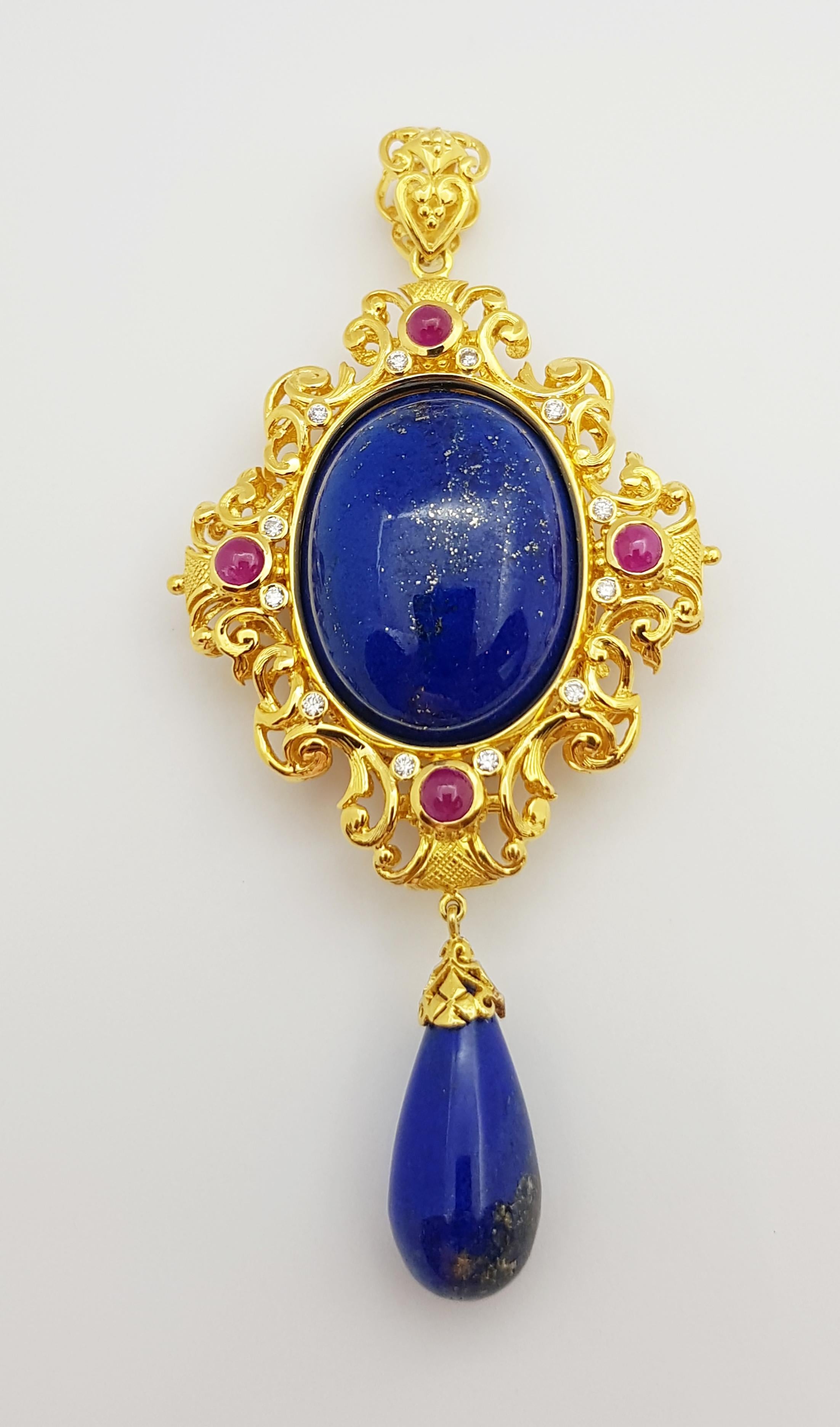 Lapiz Lazuli, Blue Sapphire, Ruby, Emerald Pendant Set in 18 Karat Gold Settings In New Condition For Sale In Bangkok, TH