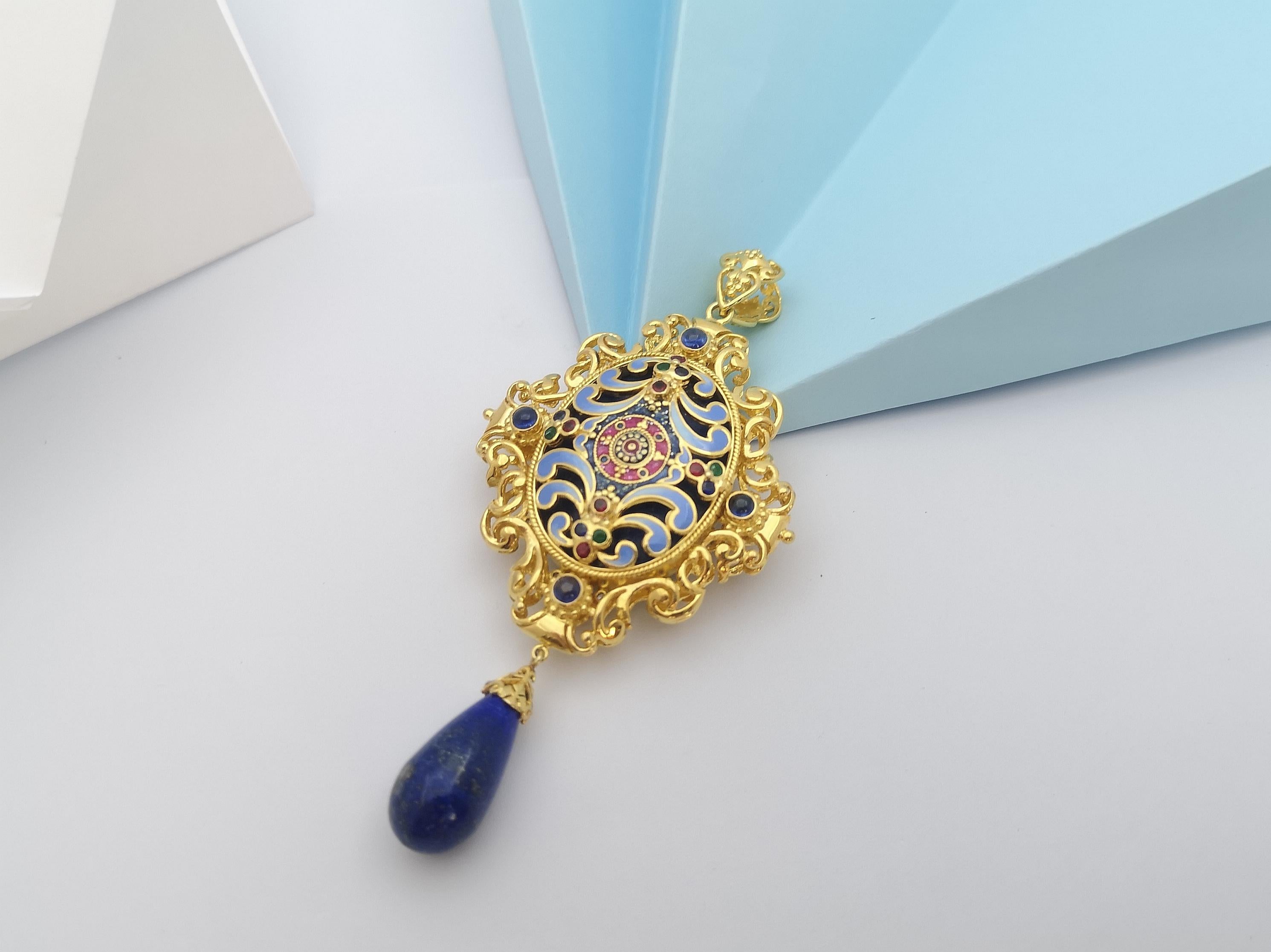 Women's Lapiz Lazuli, Blue Sapphire, Ruby, Emerald Pendant Set in 18 Karat Gold Settings For Sale
