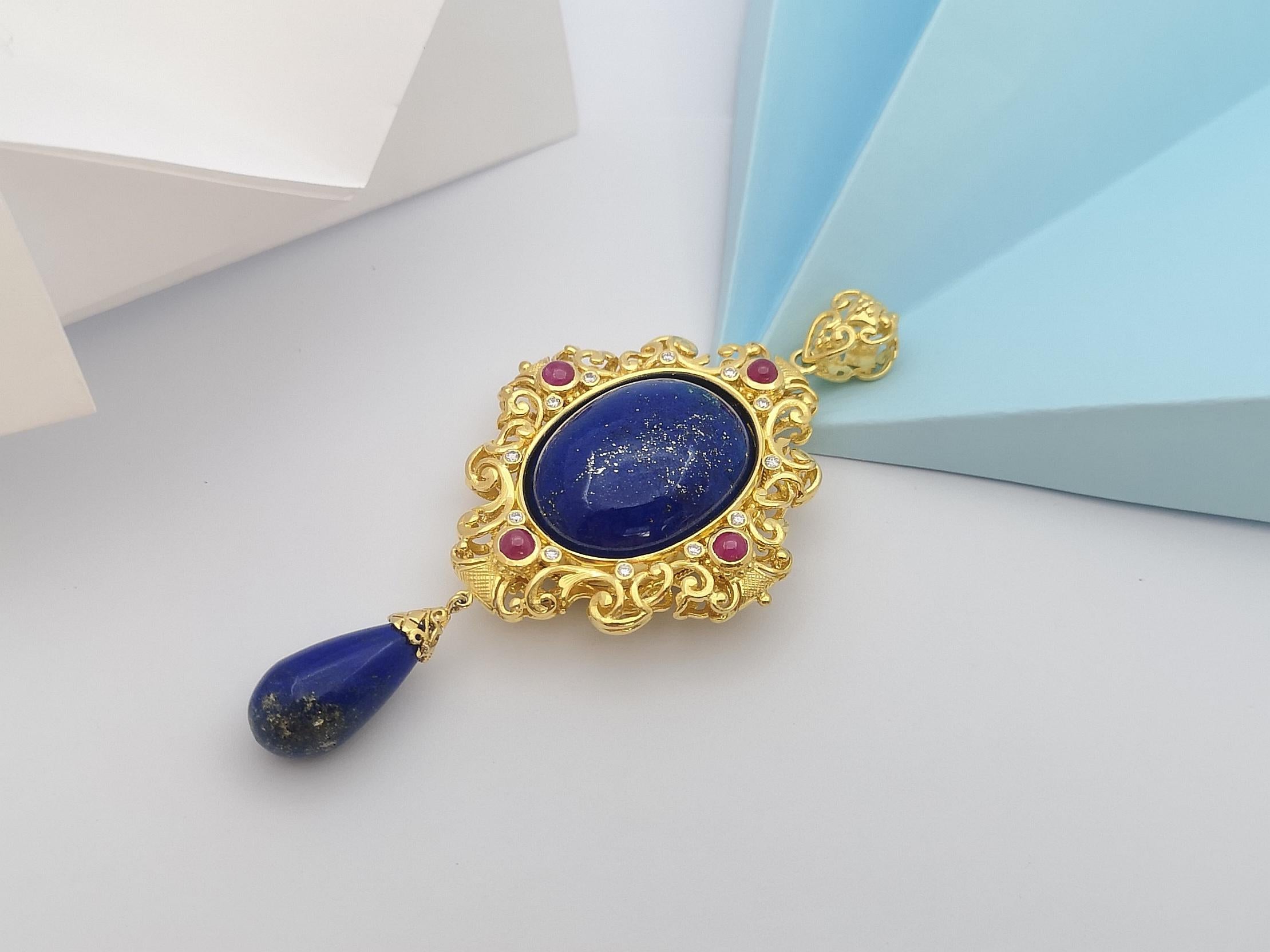 Lapiz Lazuli, Blue Sapphire, Ruby, Emerald Pendant Set in 18 Karat Gold Settings For Sale 1