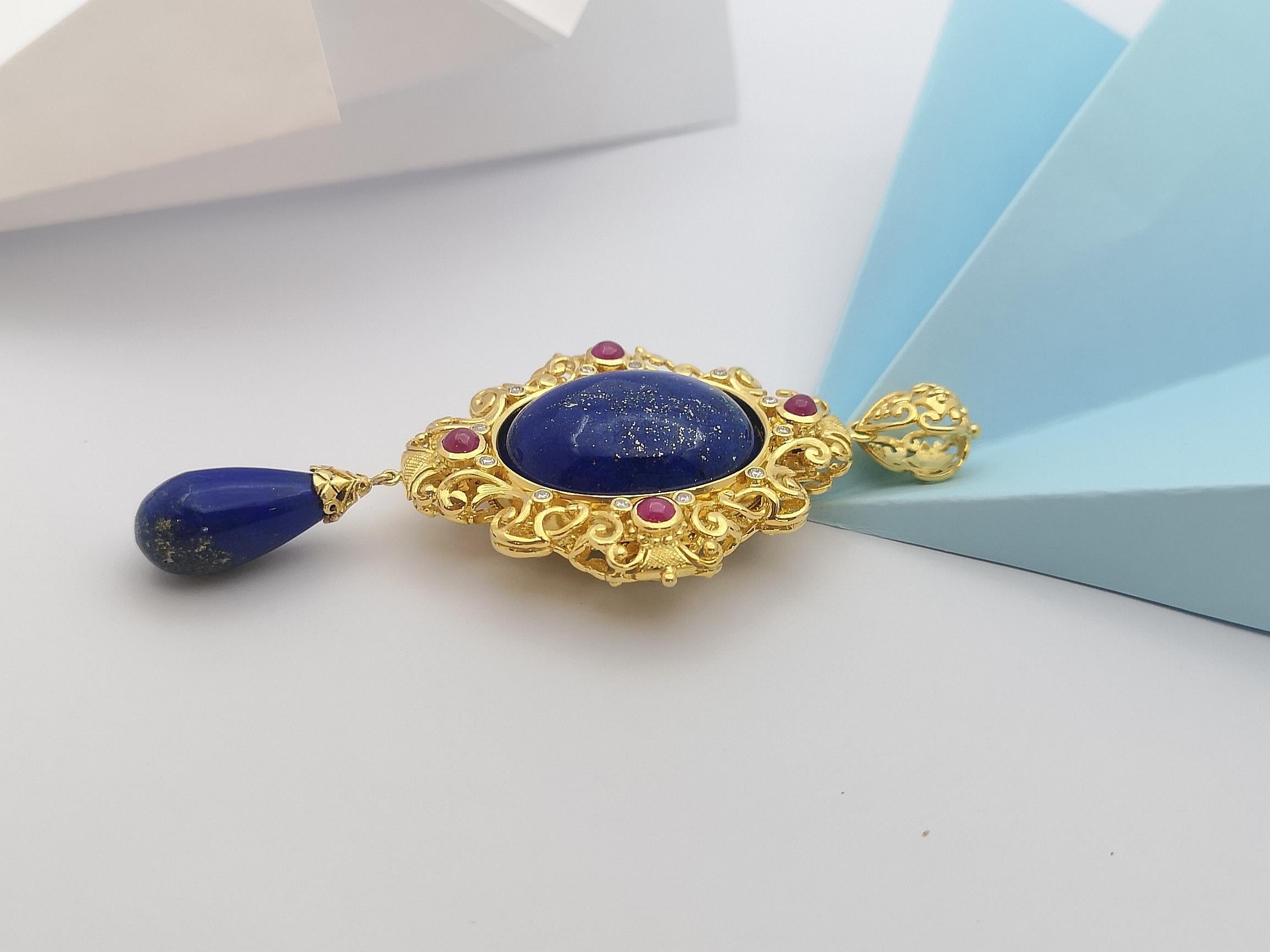 Lapiz Lazuli, Blue Sapphire, Ruby, Emerald Pendant Set in 18 Karat Gold Settings For Sale 2