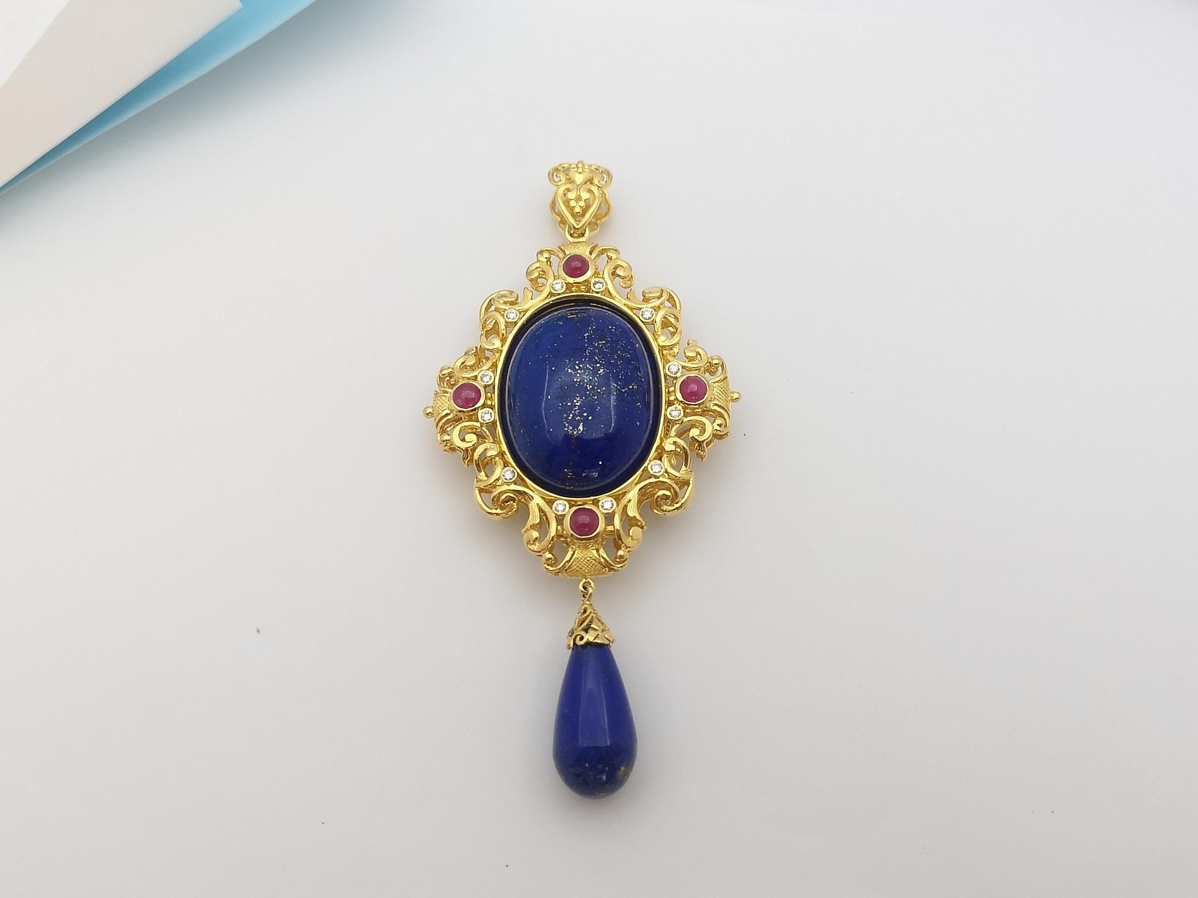 Lapiz-Lazuli, blauer Saphir, Rubin, Smaragd-Anhänger in 18 Karat Goldfassung im Angebot 3