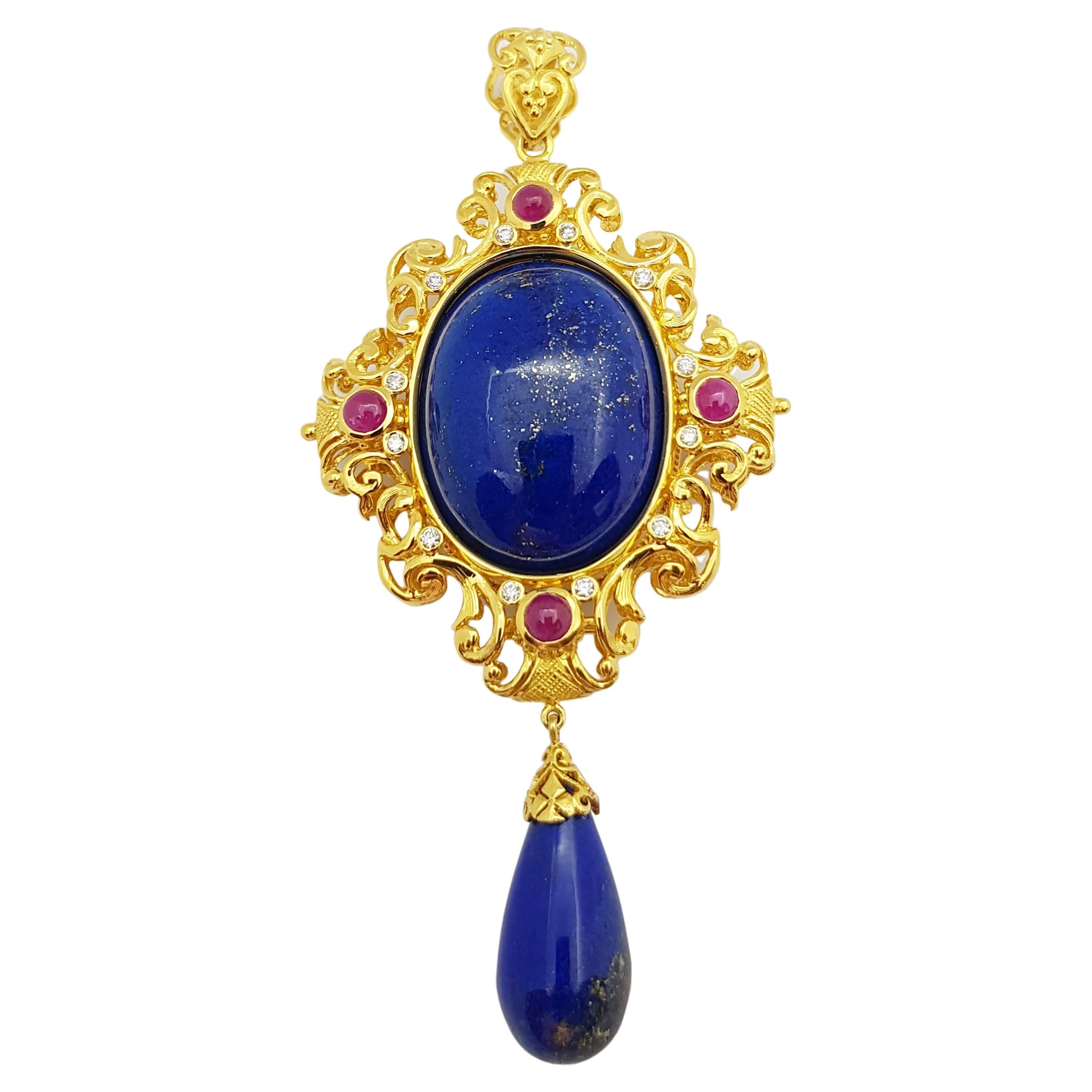 Lapiz Lazuli, Blue Sapphire, Ruby, Emerald Pendant Set in 18 Karat Gold Settings For Sale