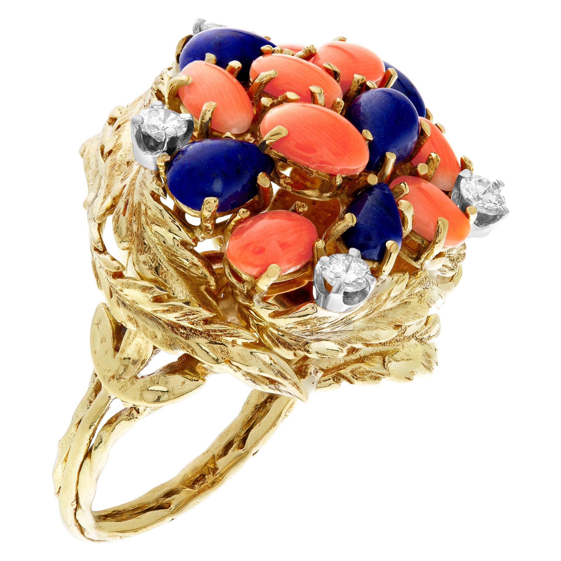 Garden ring in with lapis lazuli & coral cabochons in 18k yellow gold with 0.50 carats in diamond accents. Size 8.This ring is currently size 8 and some items can be sized up or down, please ask! It weighs 14.3 pennyweights and is 18k.
