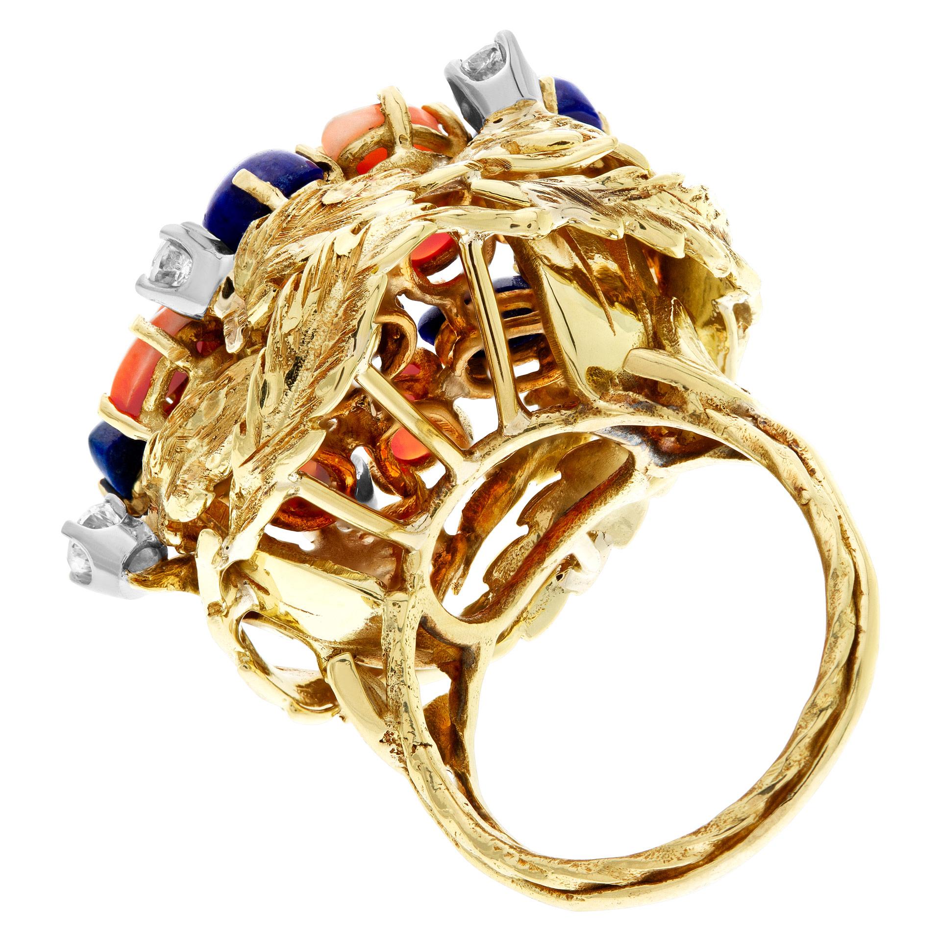 Women's or Men's Lapiz Lazuli & Coral Garden Ring in 18k Yellow Gold with Diamond Accents For Sale
