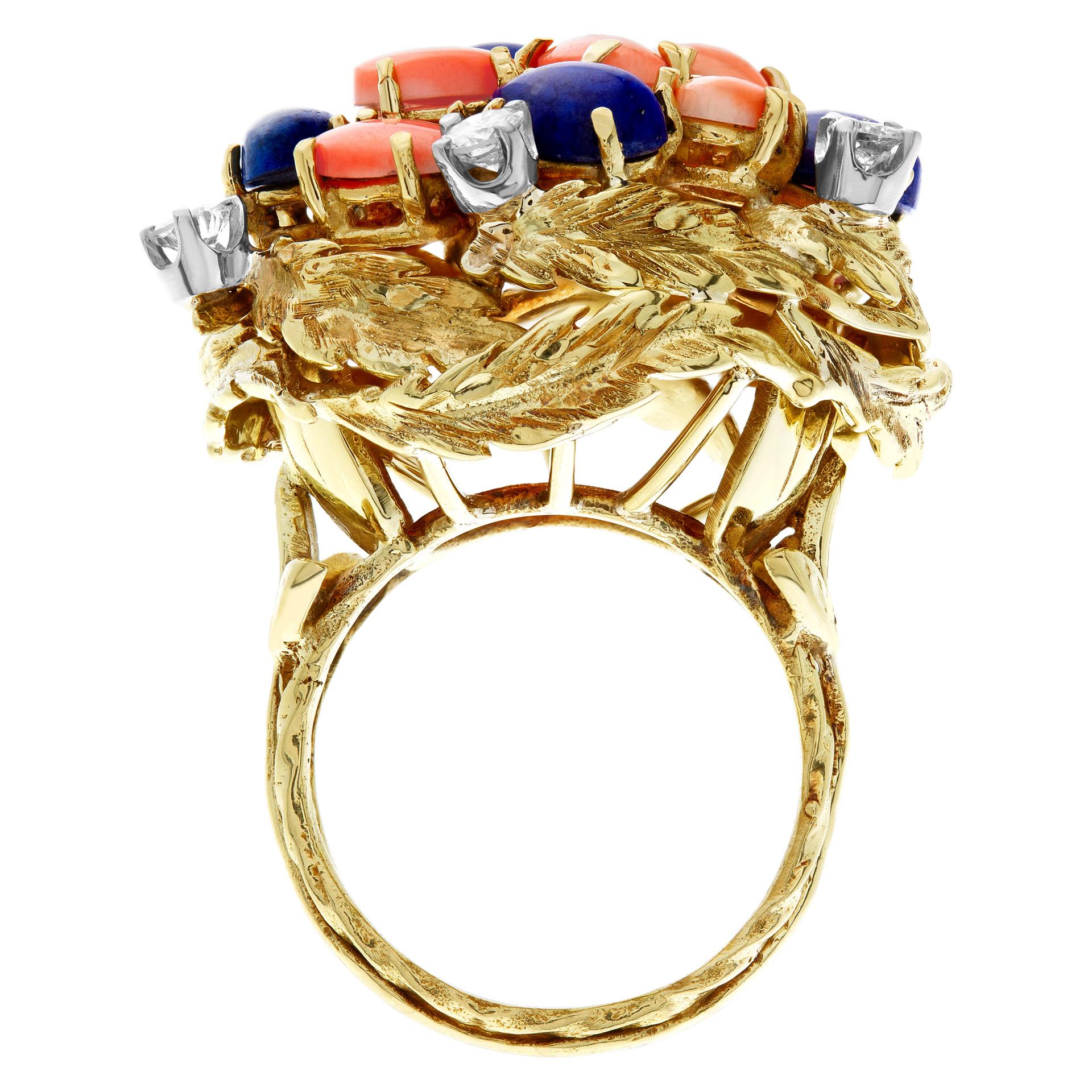 Lapiz Lazuli & Coral Garden Ring in 18k Yellow Gold with Diamond Accents For Sale 1