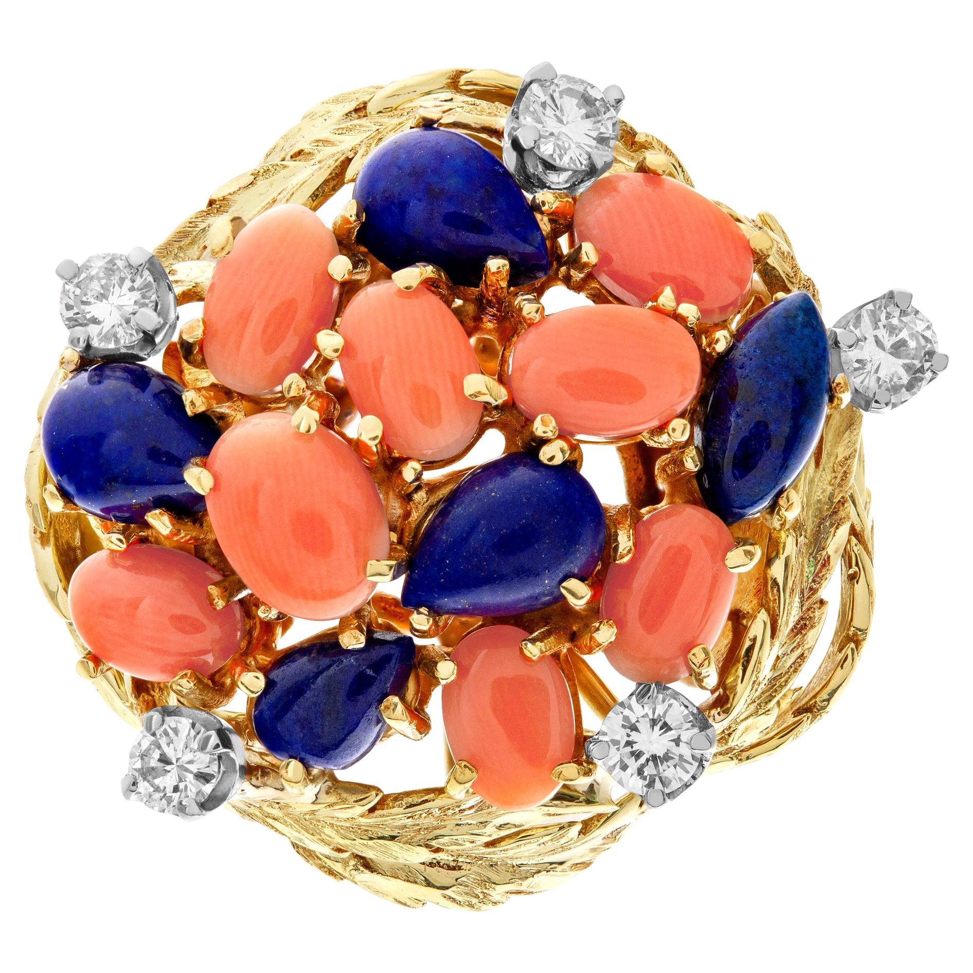 Lapiz Lazuli & Coral Garden Ring in 18k Yellow Gold with Diamond Accents For Sale