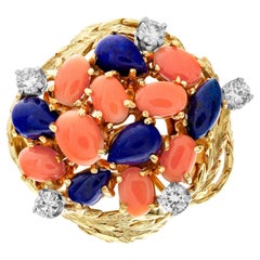 Vintage Lapiz Lazuli & Coral Garden Ring in 18k Yellow Gold with Diamond Accents