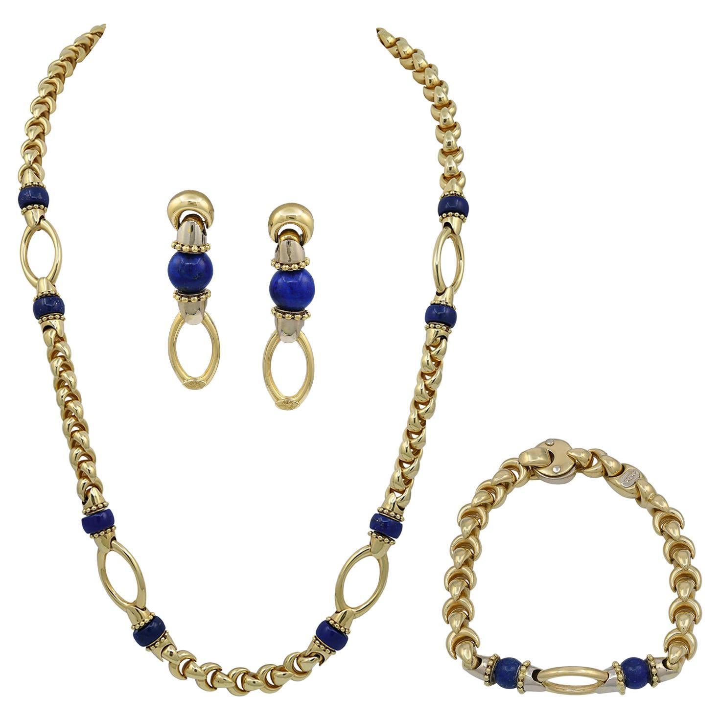 Lapis Lazuli Necklace Earrings Bracelet Jewelry Set in 18k Yellow Gold For Sale