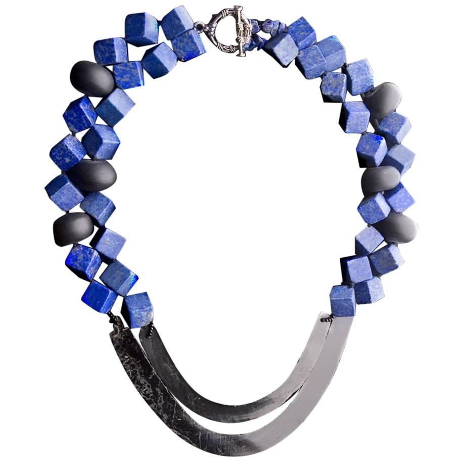 Lapiz-Lazuli, Onix and Obsidian Necklace For Sale