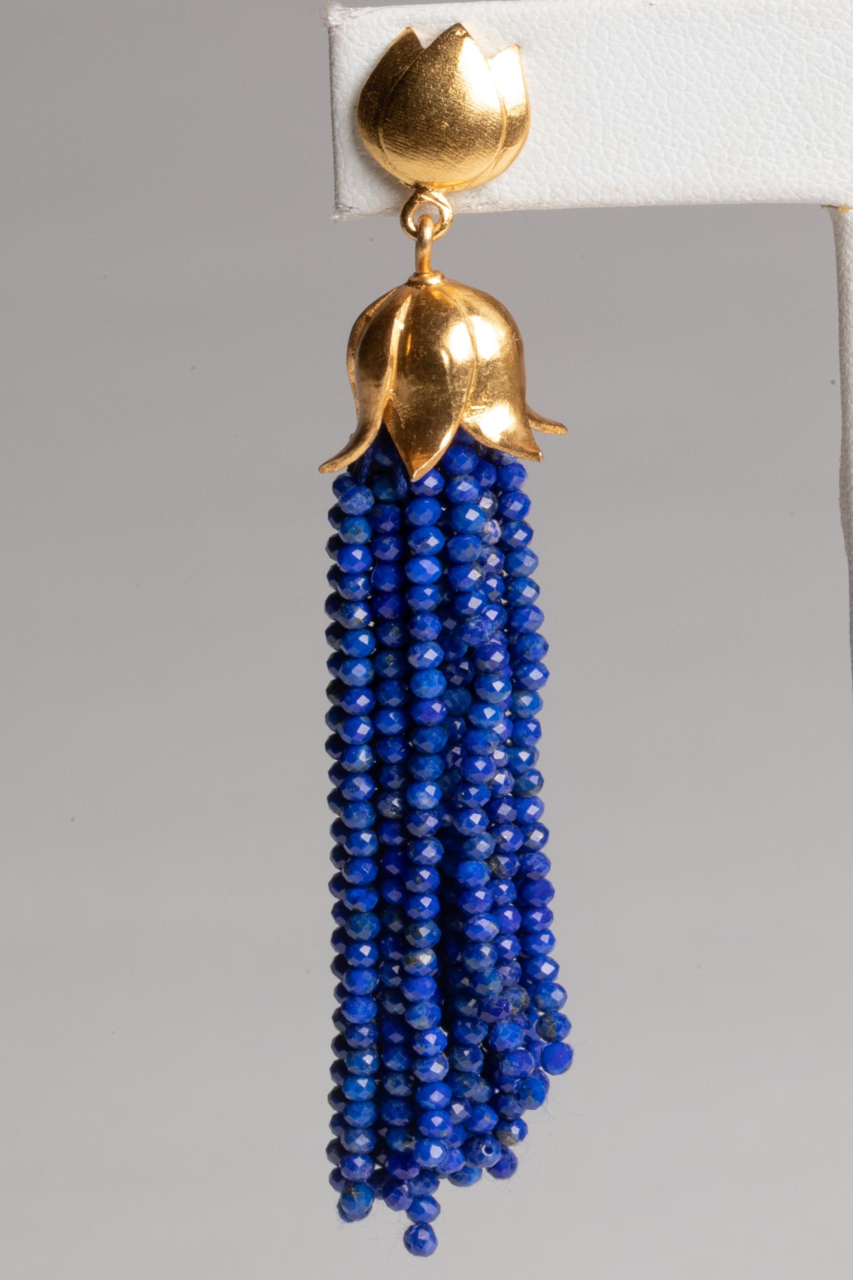 Vibrant, faceted natural lapis lazuli tassel earrings with vermeil tulip tops.  For pierced ears.  