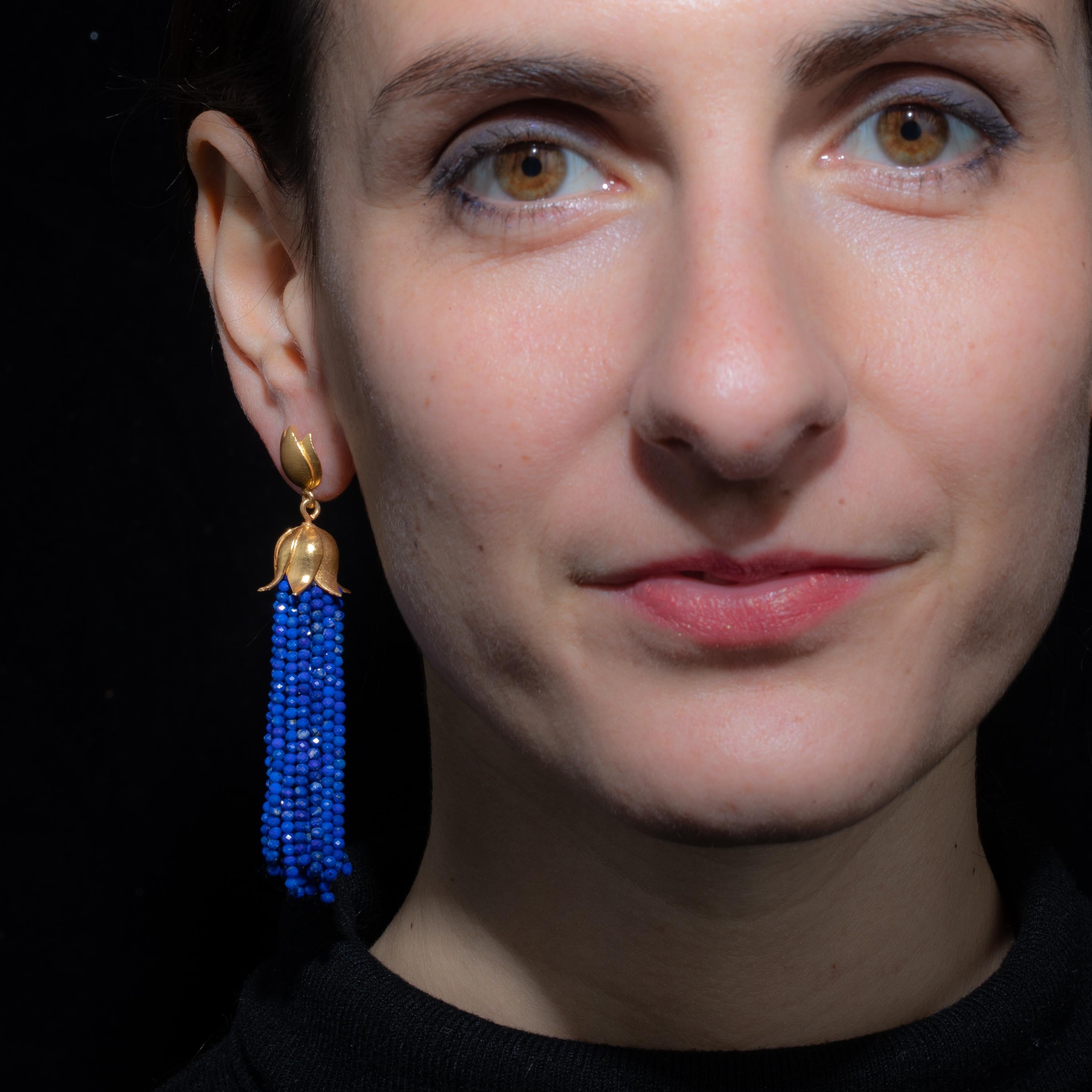 Lapiz Lazuli Tassel Dangle Earrings In Excellent Condition In Nantucket, MA
