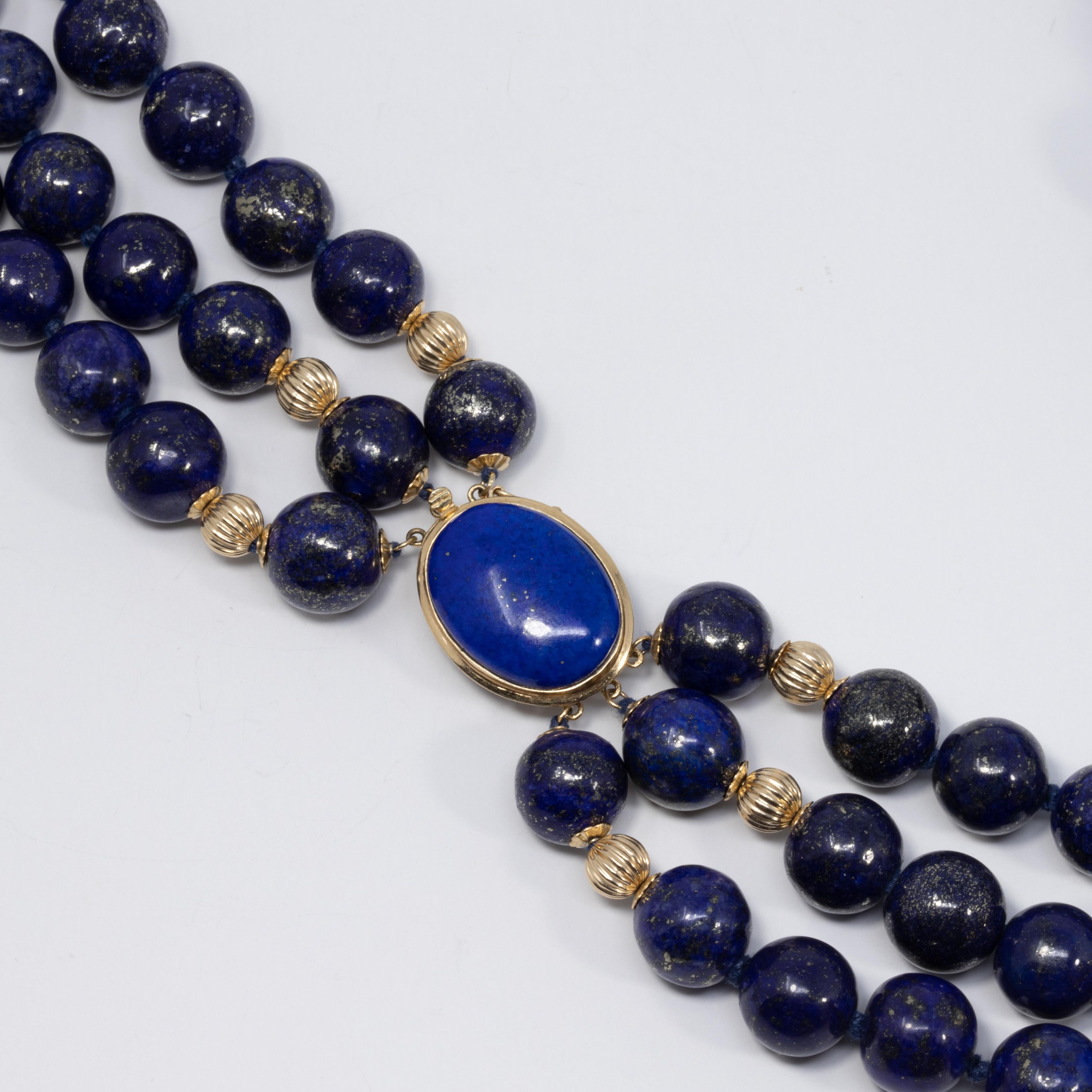 Lapiz Lazuli Triple Strand Knotted String Bead Necklace 14K Gold Clasp, Accents 2