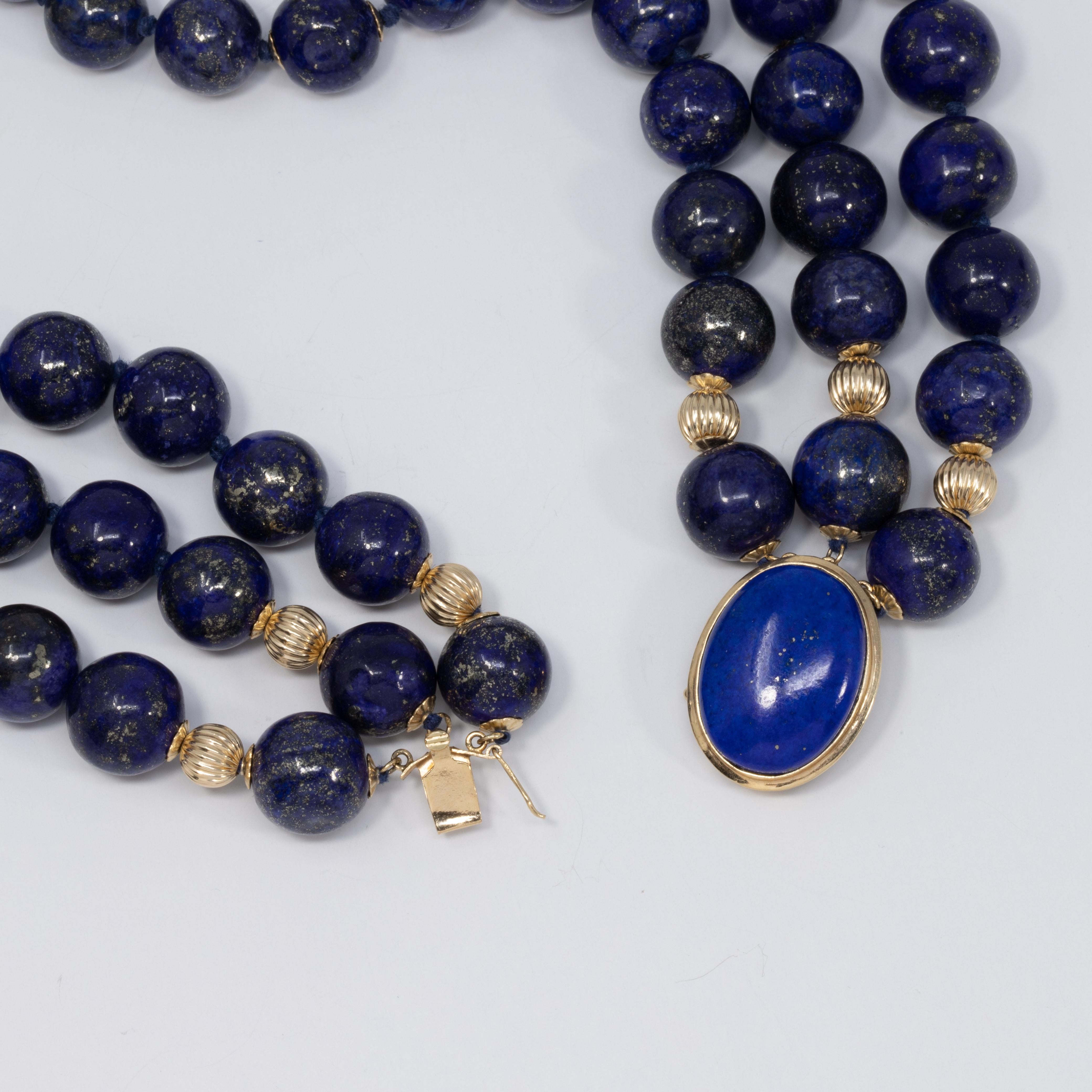 Lapiz Lazuli Triple Strand Knotted String Bead Necklace 14K Gold Clasp, Accents 3
