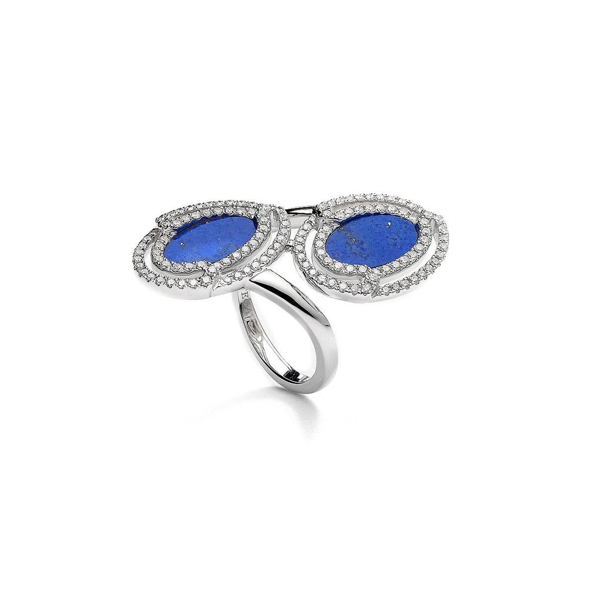 Ring in 18kt white gold set with 106 diamonds 0.75 cts and two lapis lazuli 2.42 cts Size 53       