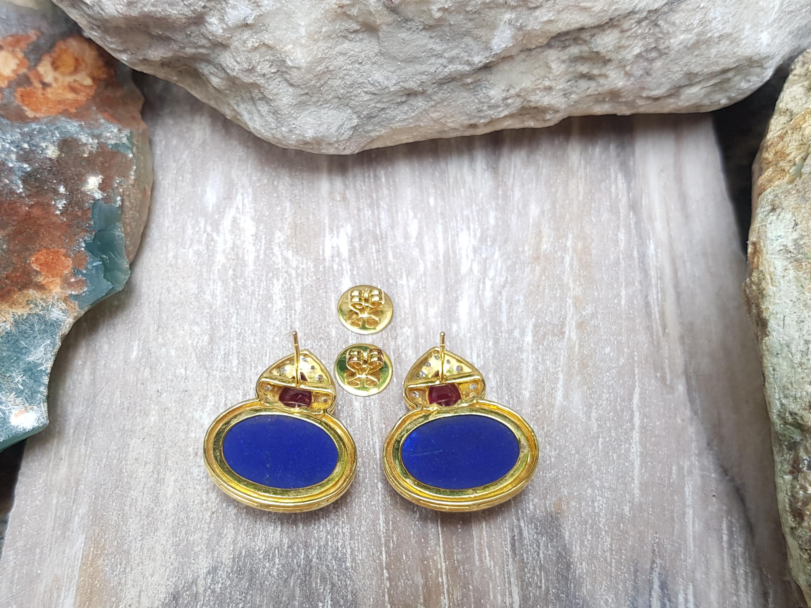 Mixed Cut Lapiz Lazuli with Cabochon Ruby and Diamond Earrings in 18 Karat Gold Settings For Sale