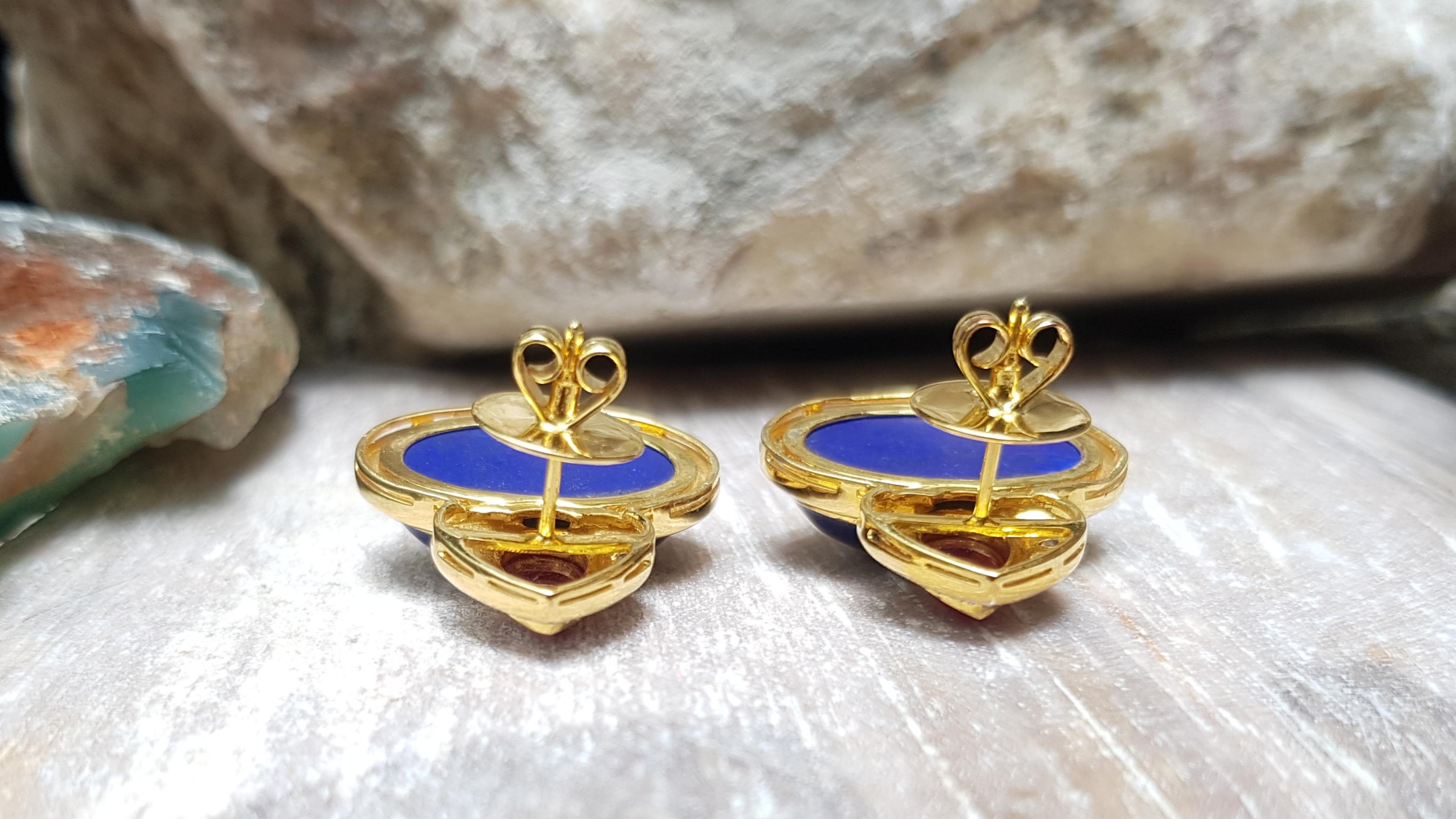 Lapiz Lazuli with Cabochon Ruby and Diamond Earrings in 18 Karat Gold Settings In New Condition For Sale In Bangkok, TH