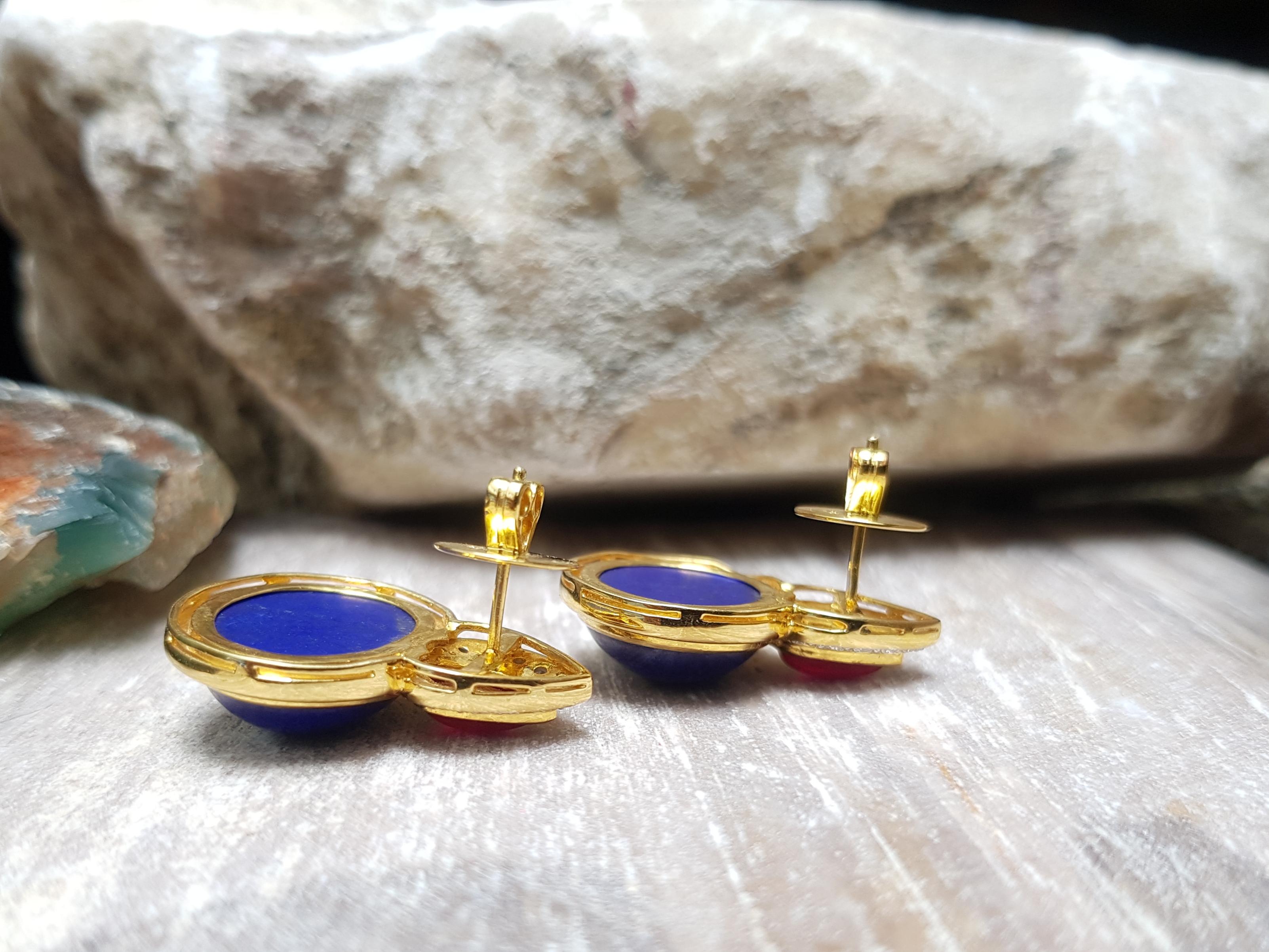 Women's Lapiz Lazuli with Cabochon Ruby and Diamond Earrings in 18 Karat Gold Settings For Sale