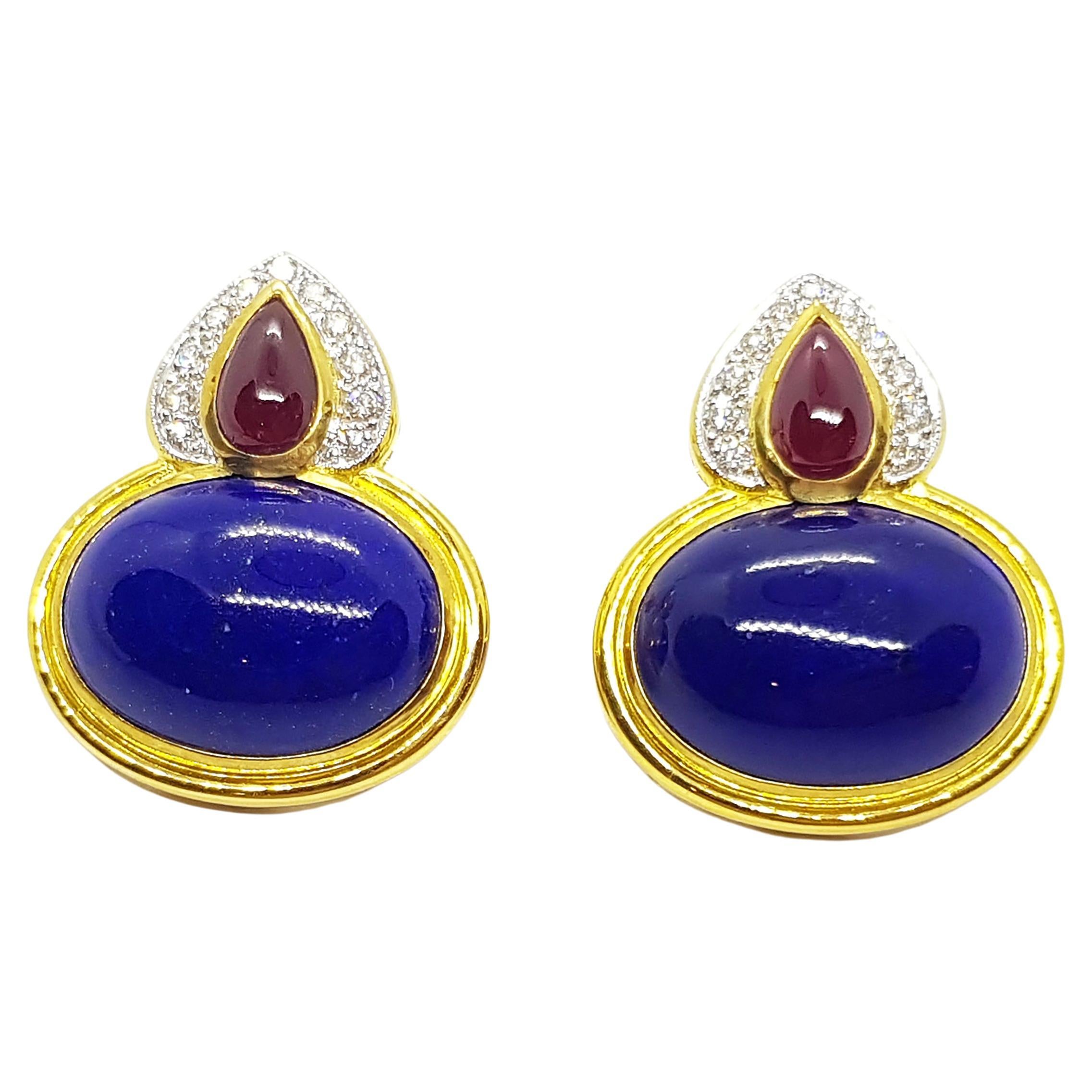 Lapiz Lazuli with Cabochon Ruby and Diamond Earrings in 18 Karat Gold Settings For Sale