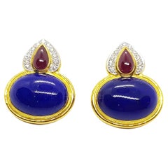 Lapiz Lazuli with Cabochon Ruby and Diamond Earrings in 18 Karat Gold Settings