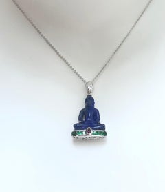 Lapiz Lazuli with Tsavorite and Cabochon Ruby Buddha Pendant in 18K White Gold