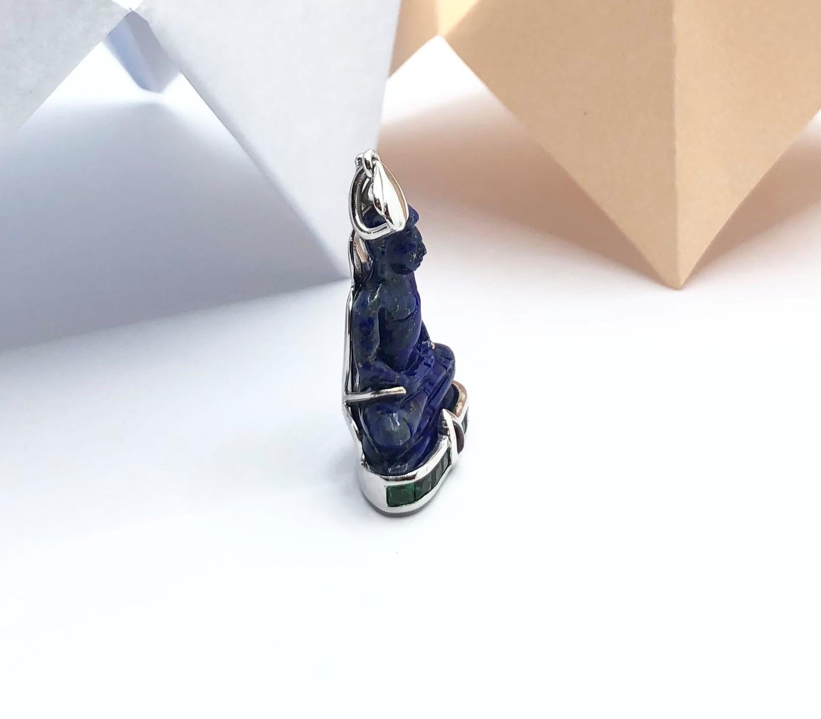 Lapiz Lazuli with Tsavorite and Cabochon Ruby Buddha Pendant in 18K White Gold In New Condition For Sale In Bangkok, TH