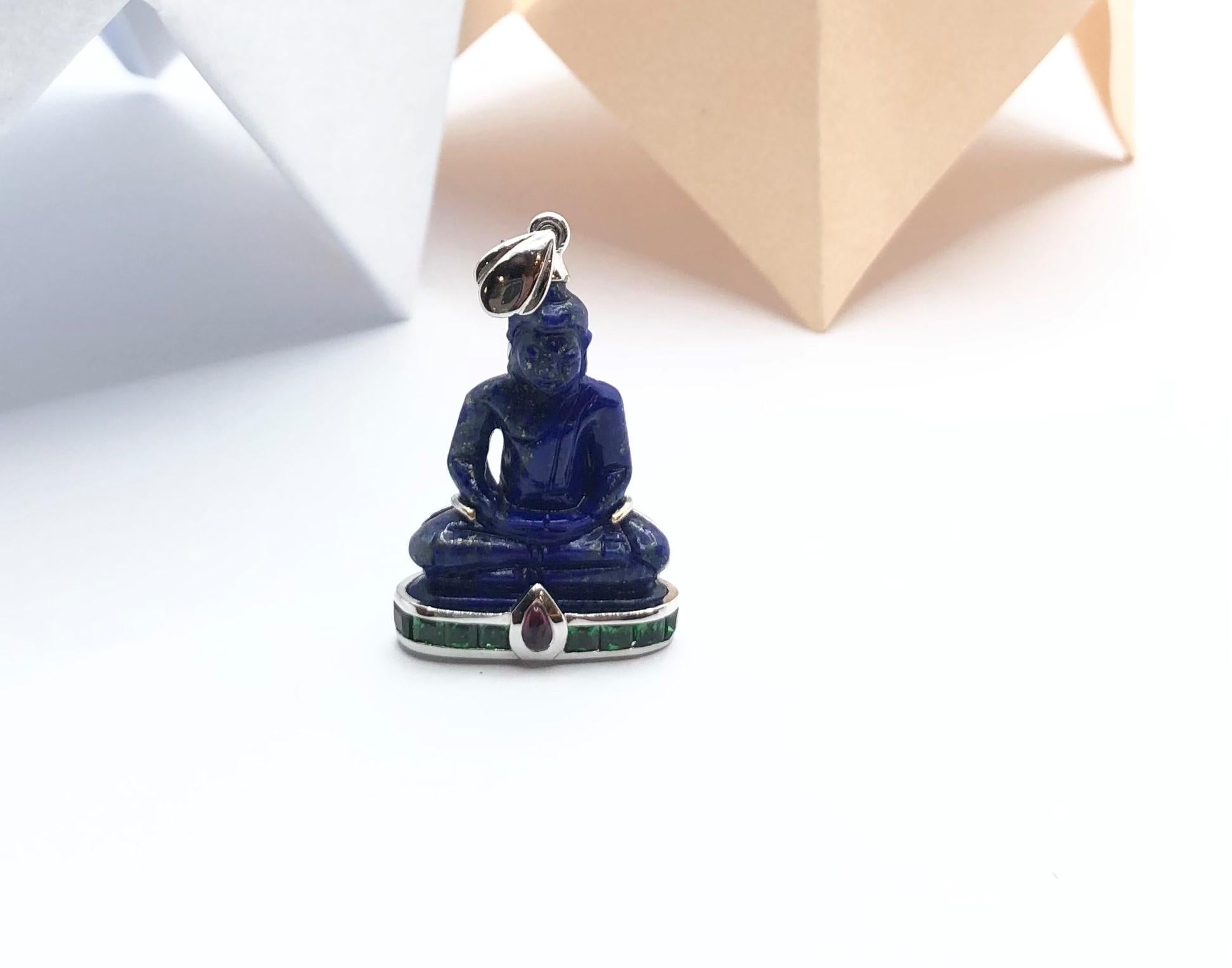 Women's or Men's Lapiz Lazuli with Tsavorite and Cabochon Ruby Buddha Pendant in 18K White Gold For Sale