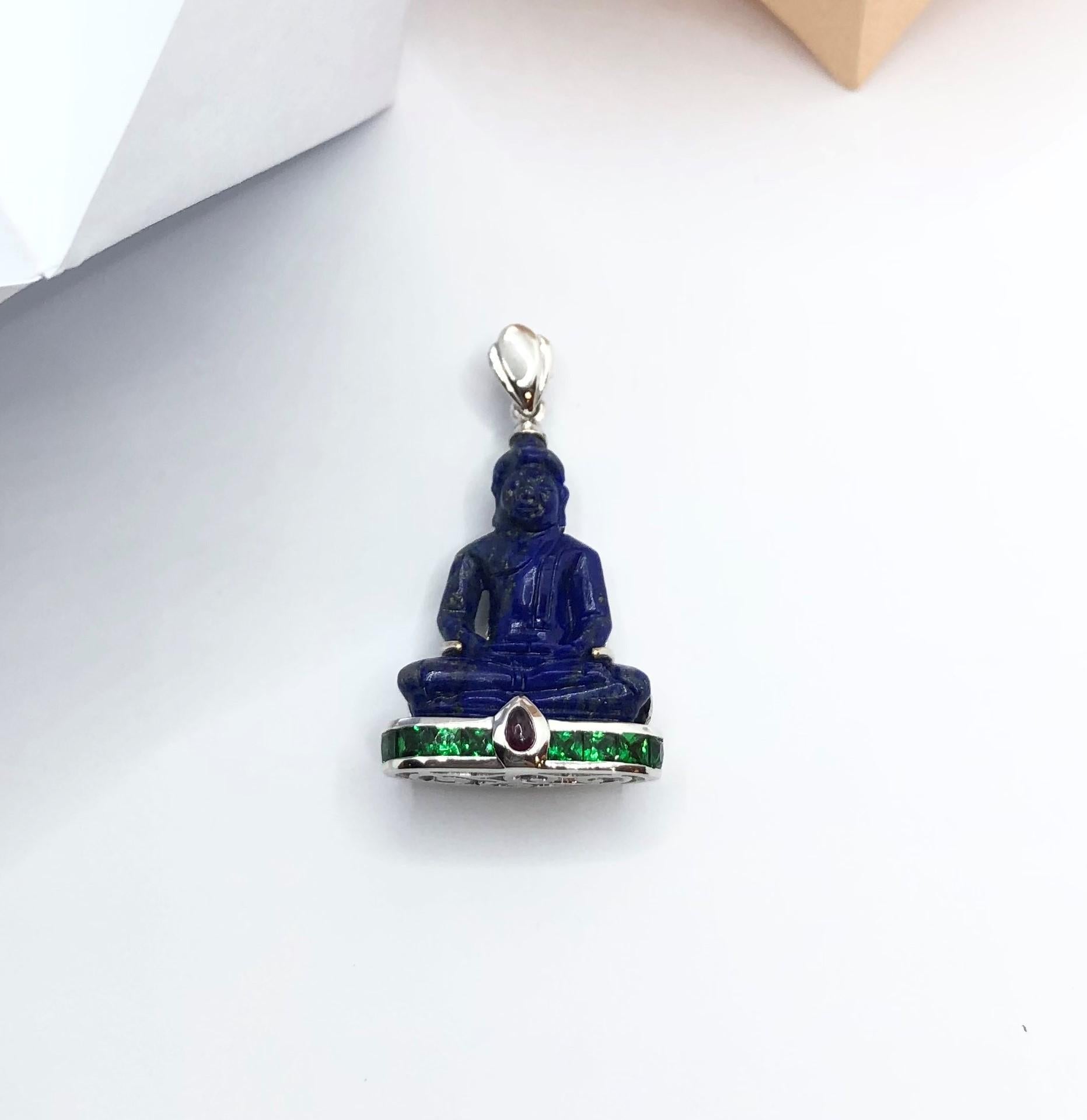 Lapiz Lazuli with Tsavorite and Cabochon Ruby Buddha Pendant in 18K White Gold For Sale 1